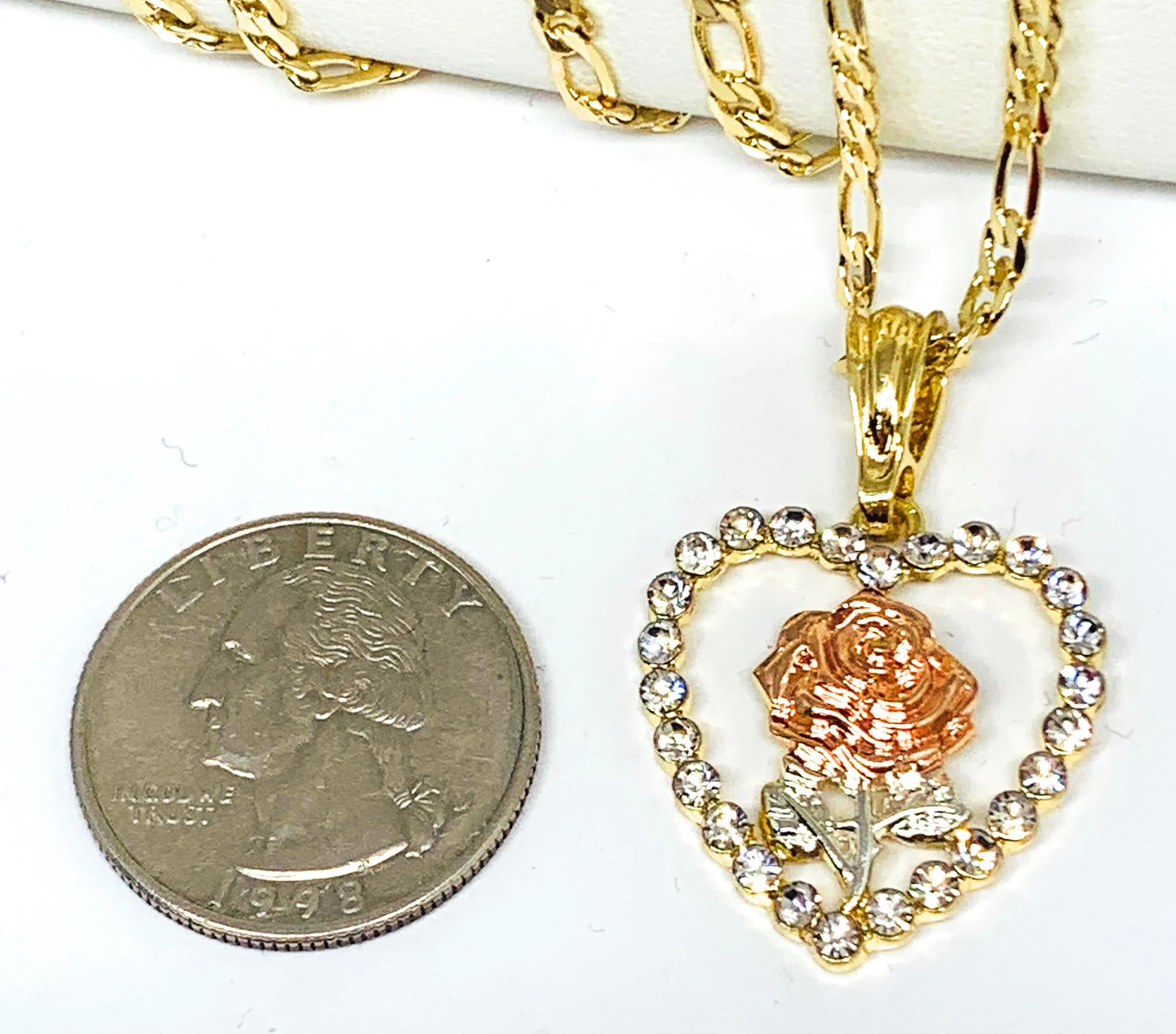 Gold Plated Rose Heart CZ Pendant Necklace Chain 24” Flor Pendant - Image 2