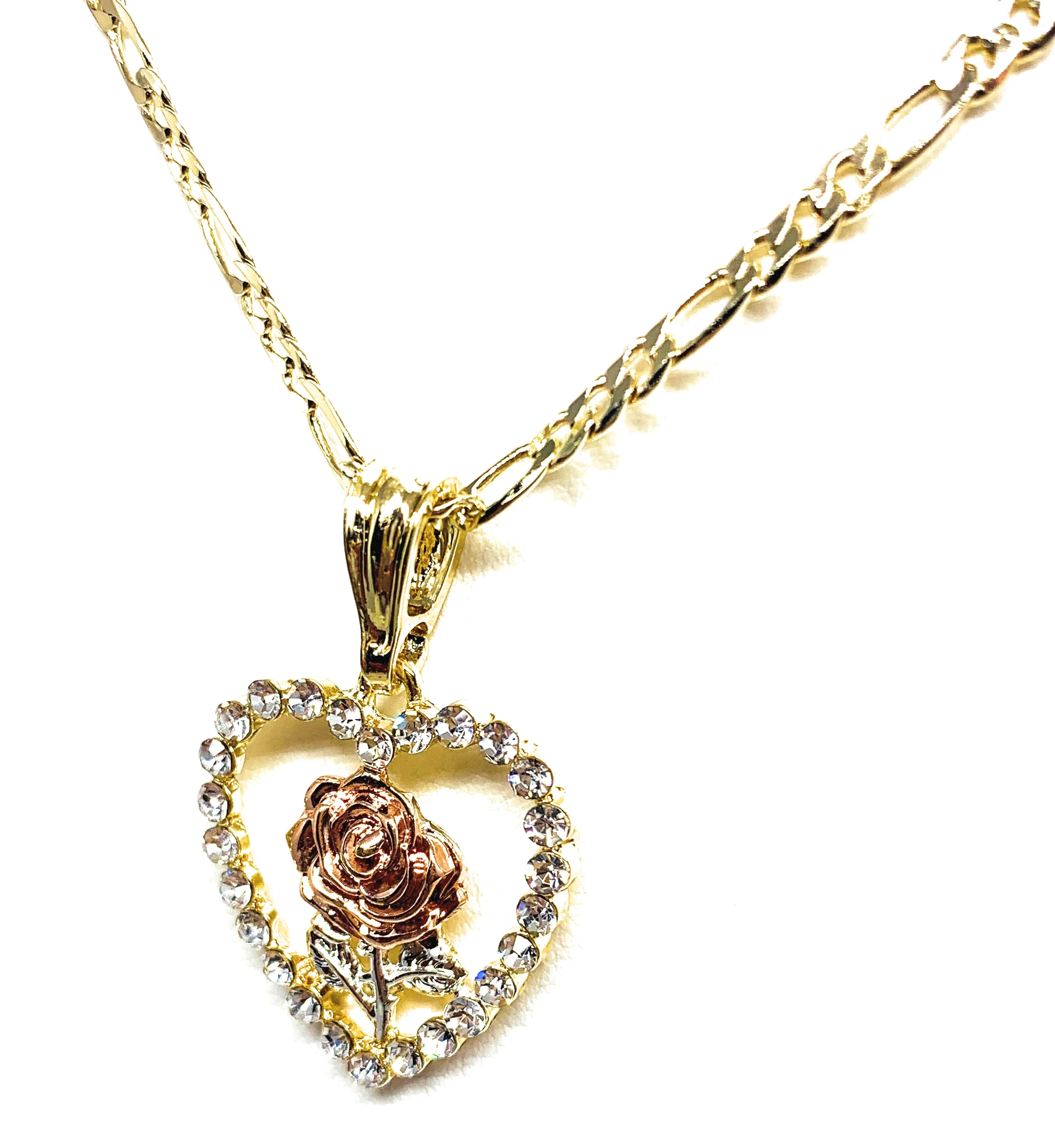 Gold Plated Rose Heart CZ Pendant Necklace Chain 24” Flor Pendant - Image 5