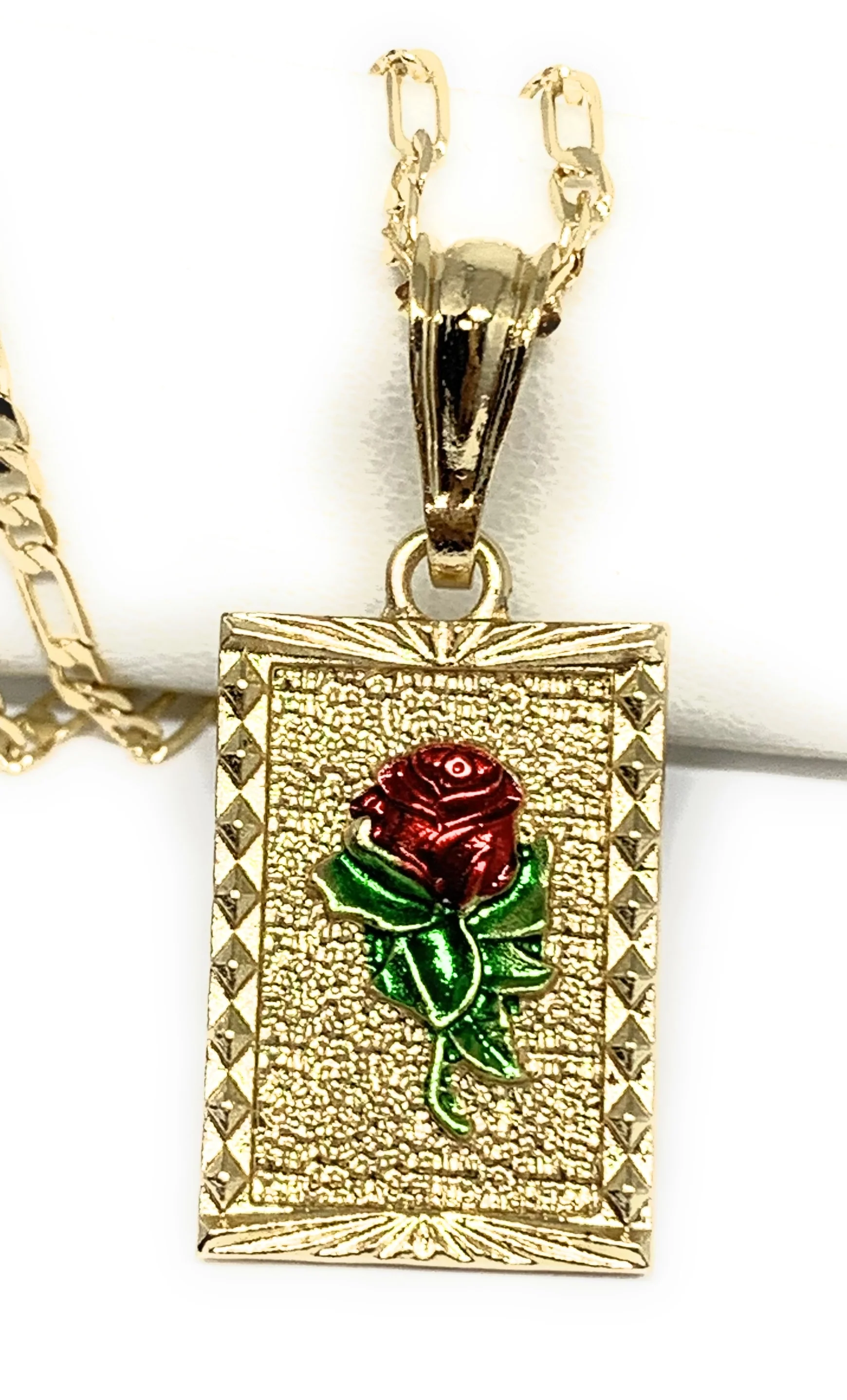 Gold Plated Rose Square Portrait Pendant Necklace Chain 24” Flor