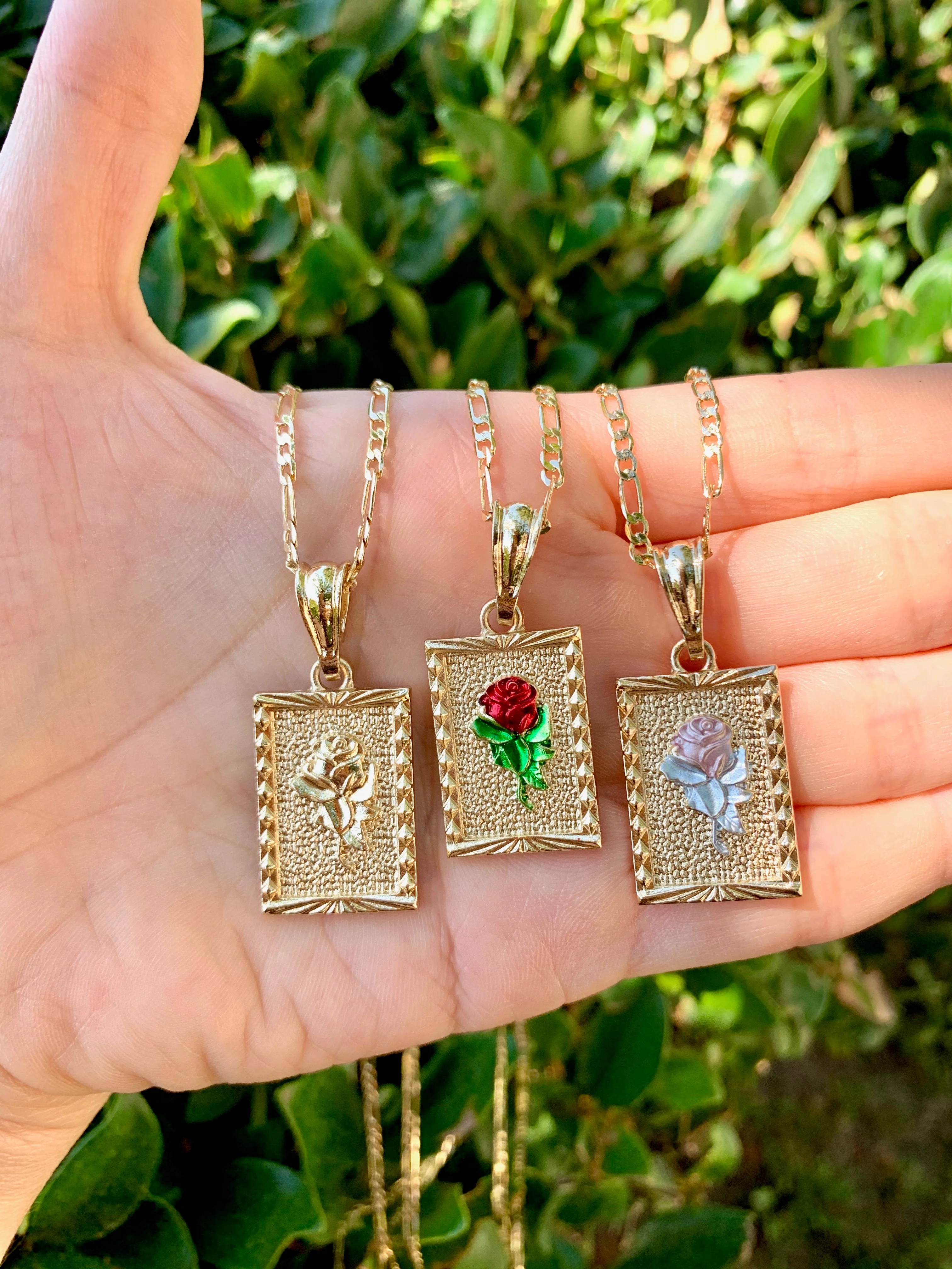 Gold Plated Rose Square Portrait Pendant Necklace Chain 24” Flor - Image 2