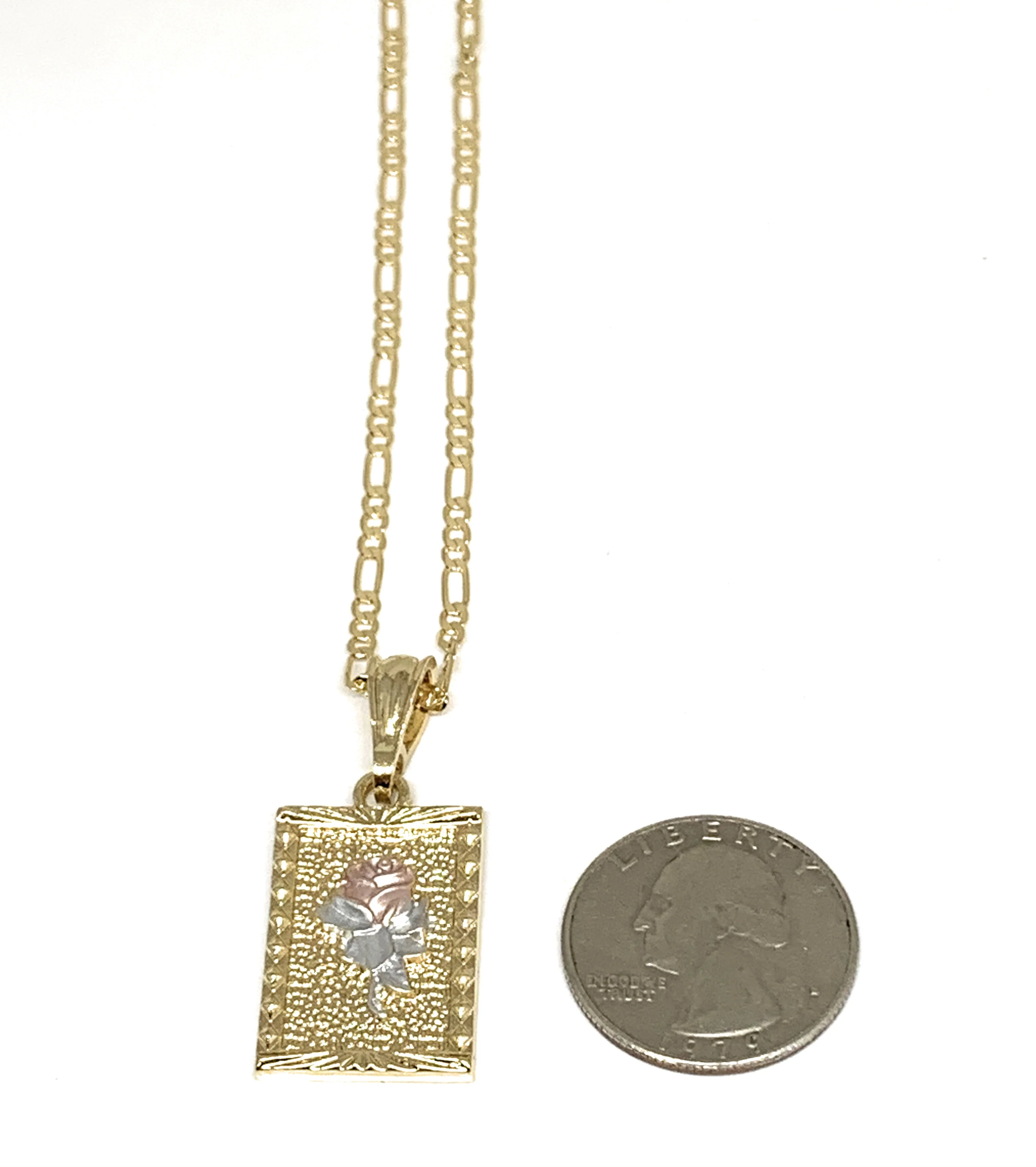 Gold Plated Rose Square Portrait Pendant Necklace Chain 24” Flor - Image 3