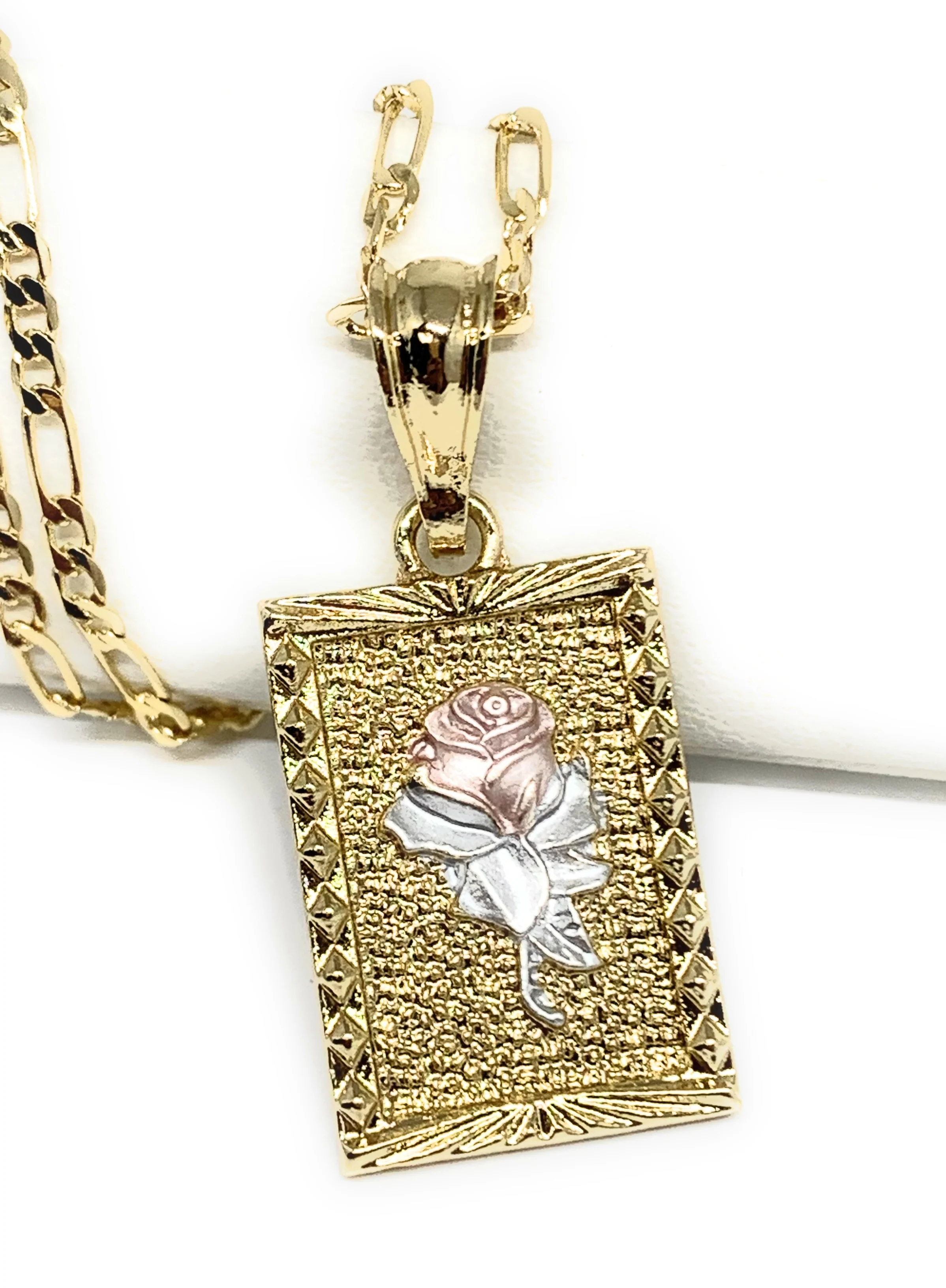 Gold Plated Rose Square Portrait Pendant Necklace Chain 24” Flor - Image 5