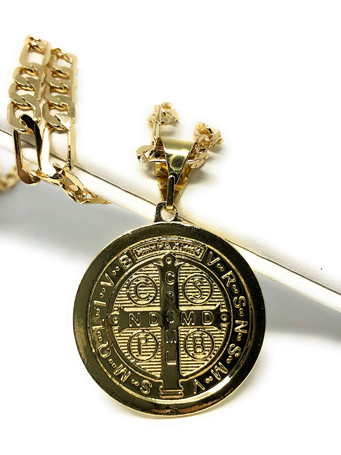 Gold Plated Saint Benedict Medal Pendant Necklace San Benito Medalla Oro Figaro 26" - Image 3
