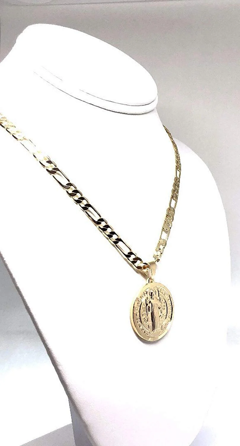 Gold Plated Saint Benedict Medal Pendant Necklace San Benito Medalla Oro Figaro 26" - Image 4