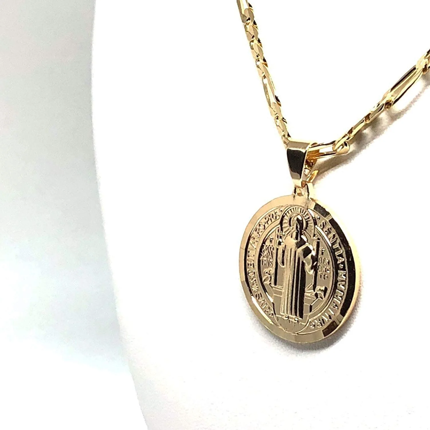 Gold Plated Saint Benedict Medal Pendant Necklace San Benito Medalla Oro Figaro 26" - Image 5