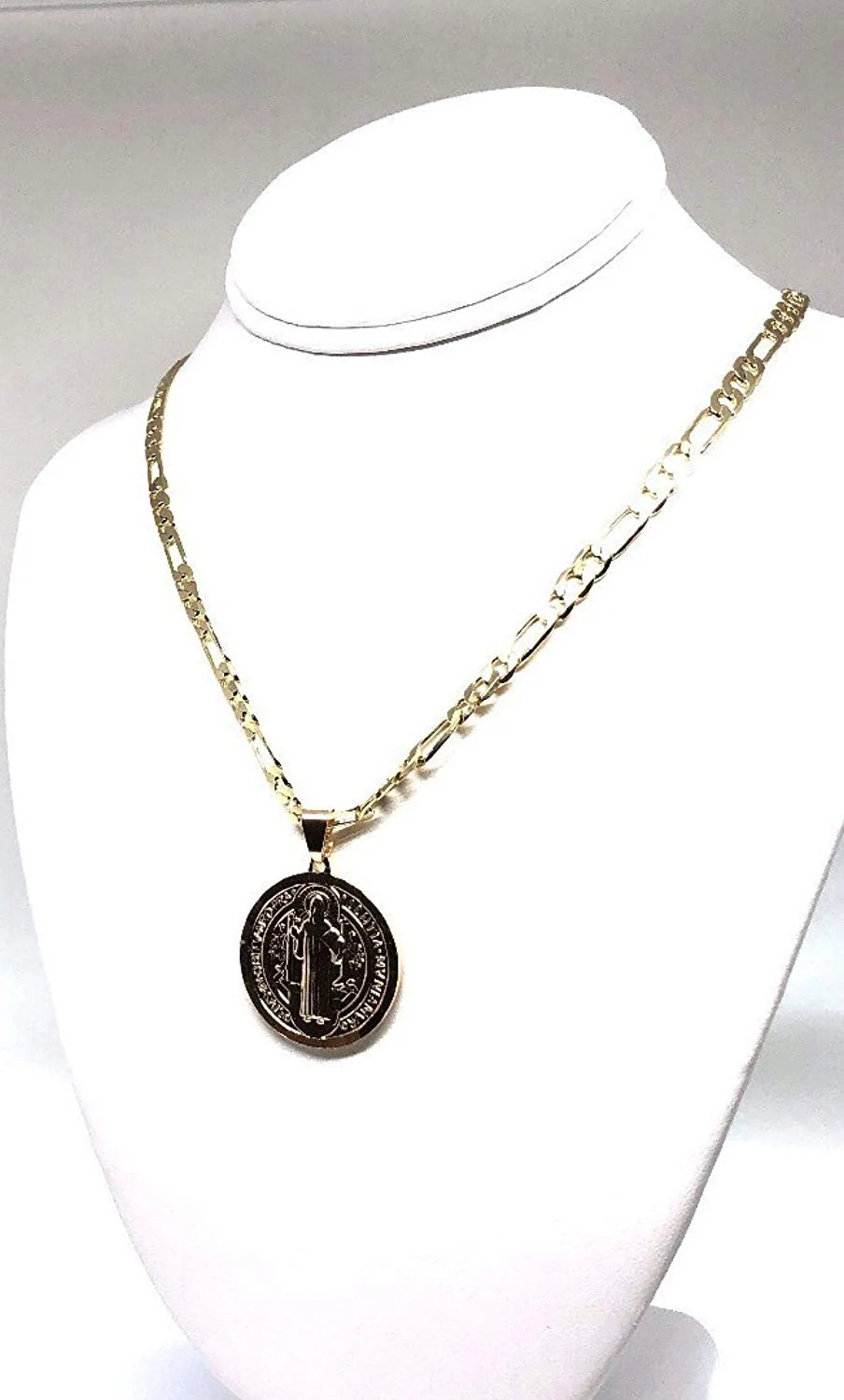 Gold Plated Saint Benedict Medal Pendant Necklace San Benito Medalla Oro Figaro 26" - Image 6
