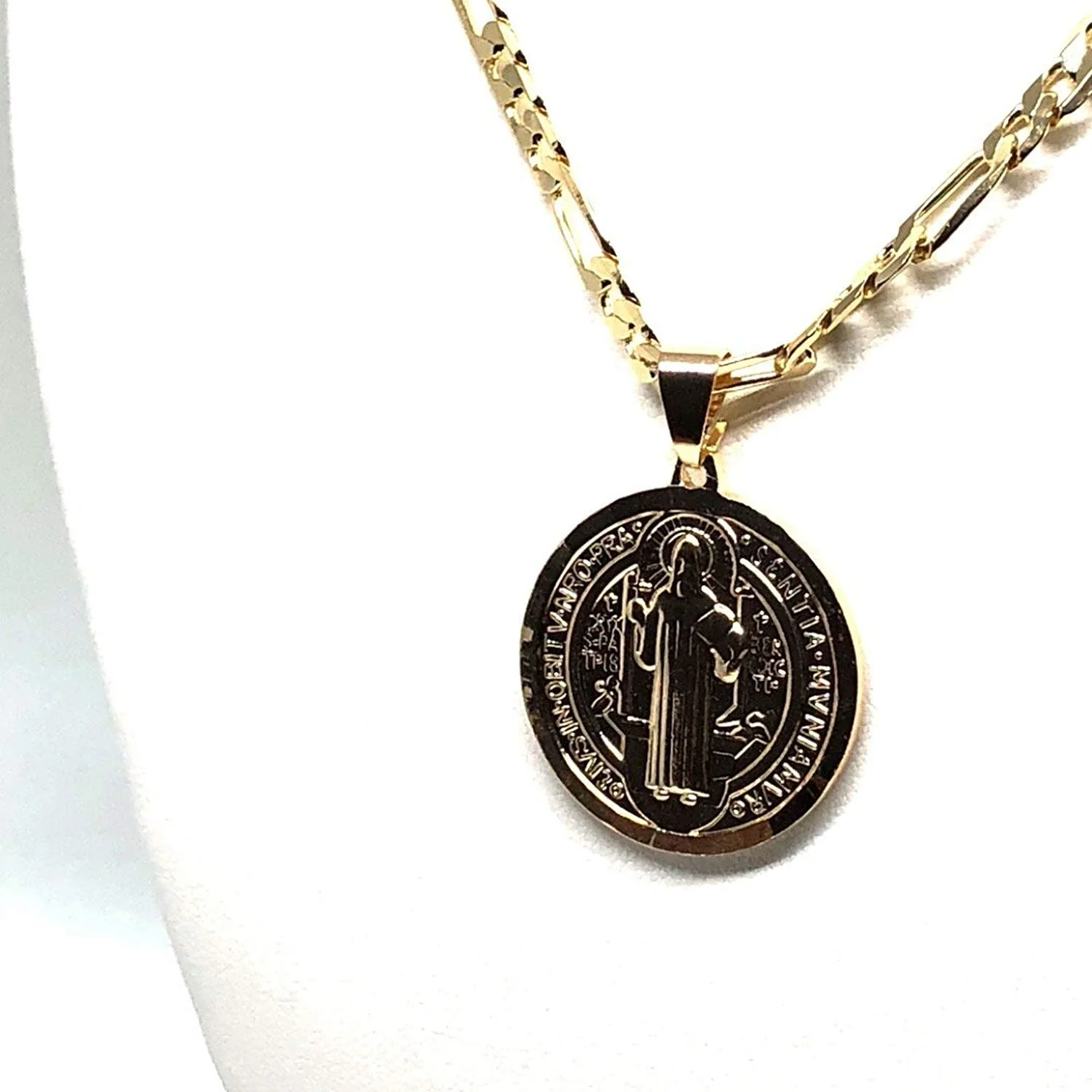 Gold Plated Saint Benedict Medal Pendant Necklace San Benito Medalla Oro Figaro 26" - Image 7