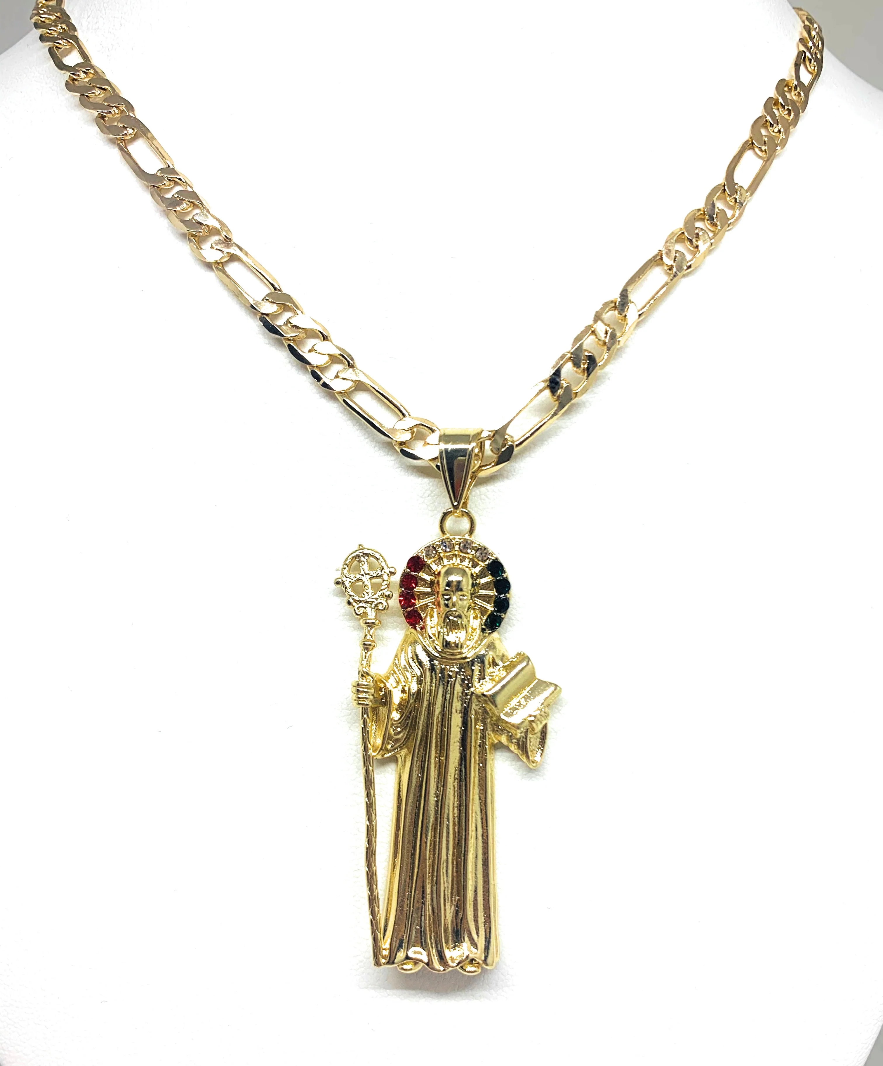 Gold Plated Saint Benedict Medal Pendant Necklace San Benito Medalla Oro Figaro 26" - Image 4