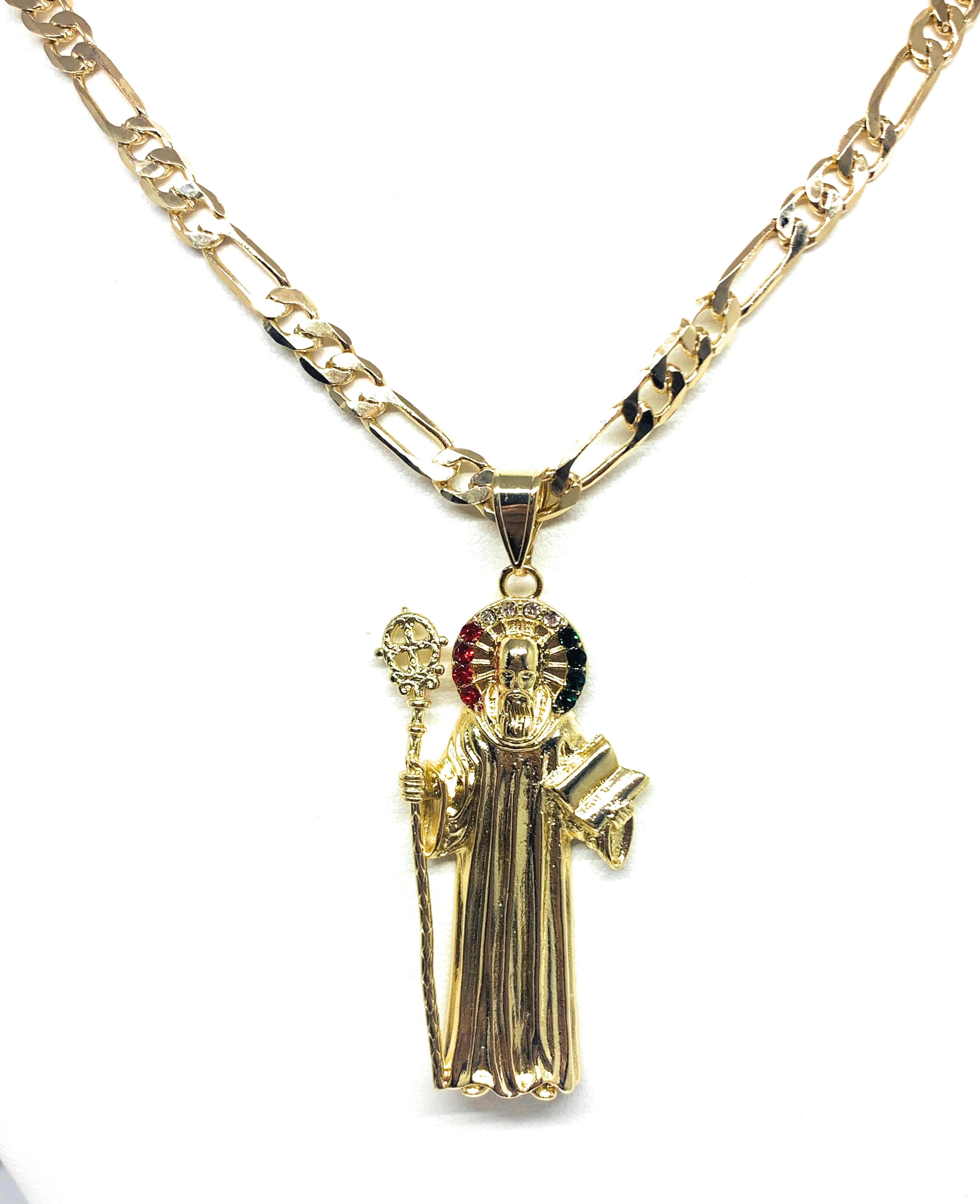 Gold Plated Saint Benedict Medal Pendant Necklace San Benito Medalla Oro Figaro 26" - Image 5