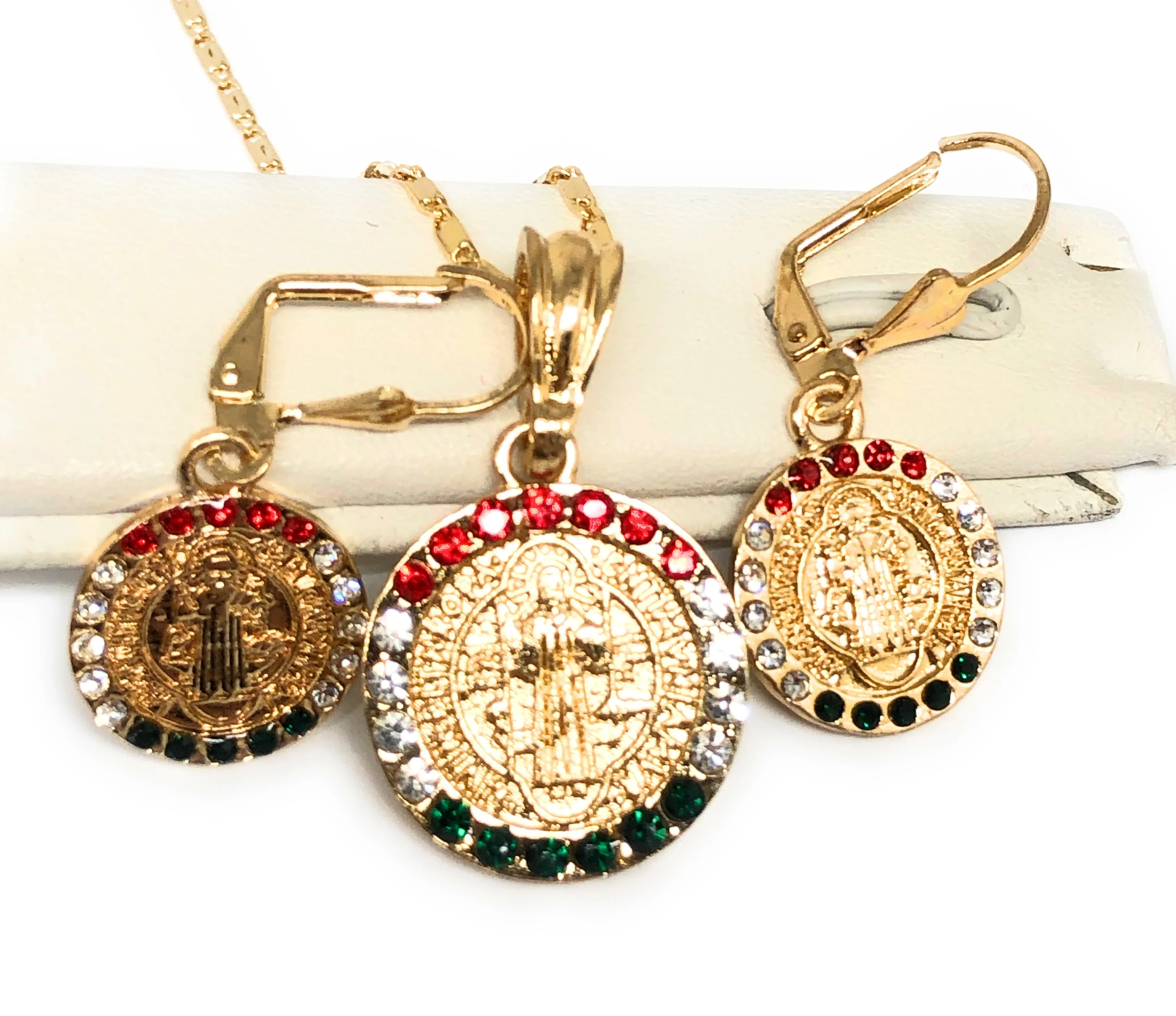 Gold Plated Saint Benedict San Benito SET (NECKLACE 20", EARRINGS)