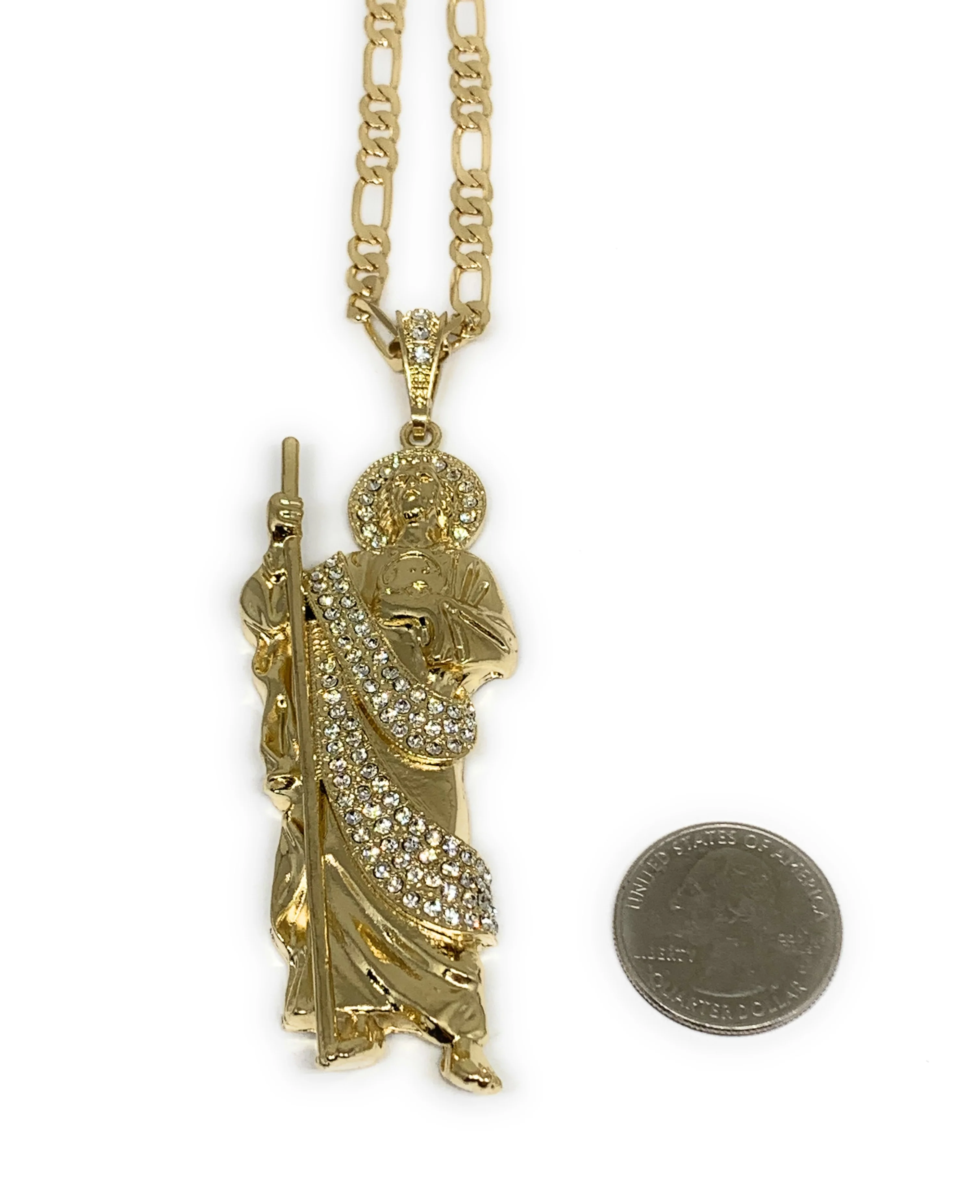 Gold Plated Saint Jude BIG XL Pendant White CZ Necklace Figaro San Judas Tadeo Medalla - Image 2