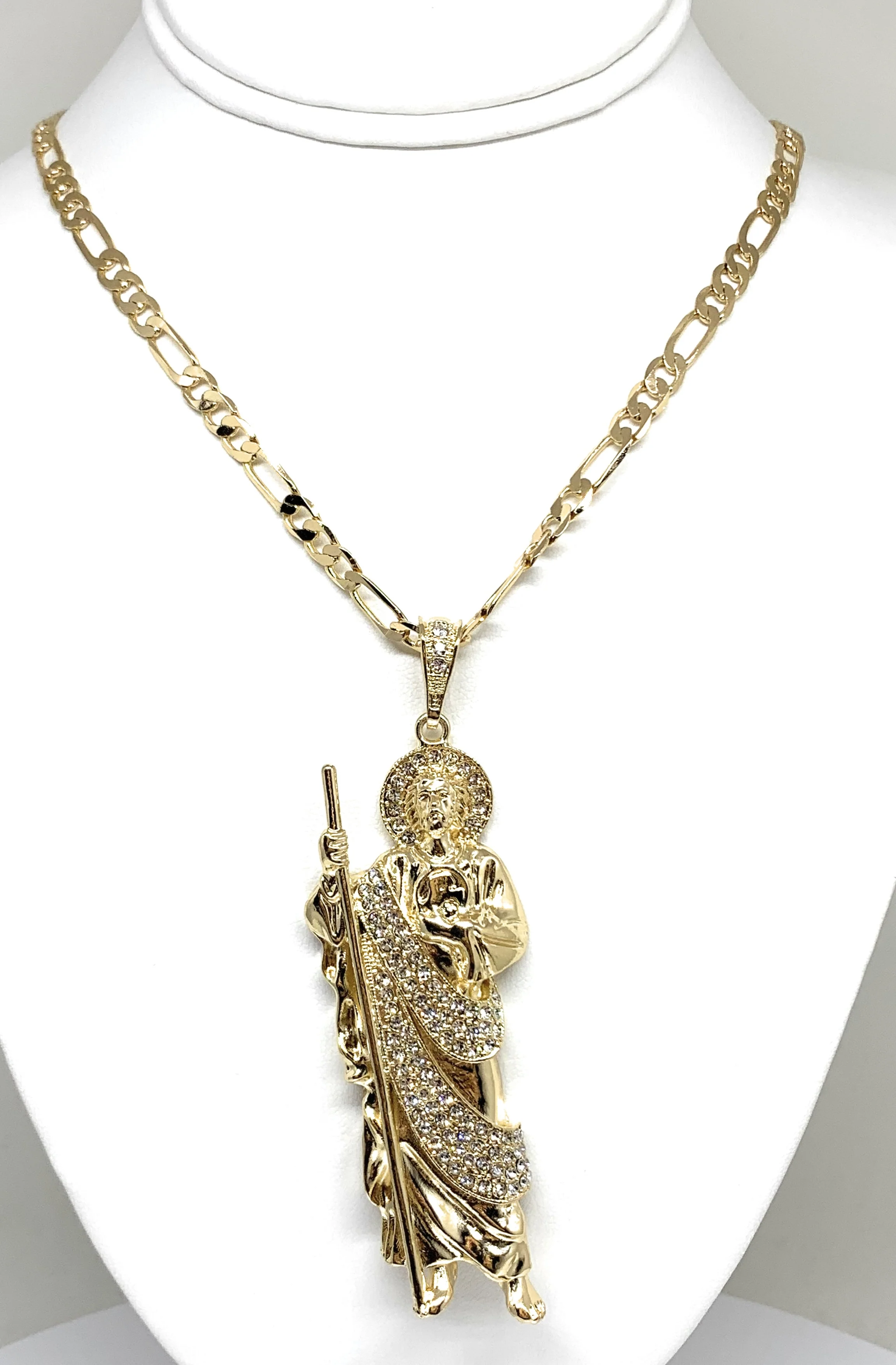 Gold Plated Saint Jude BIG XL Pendant White CZ Necklace Figaro San Judas Tadeo Medalla - Image 3