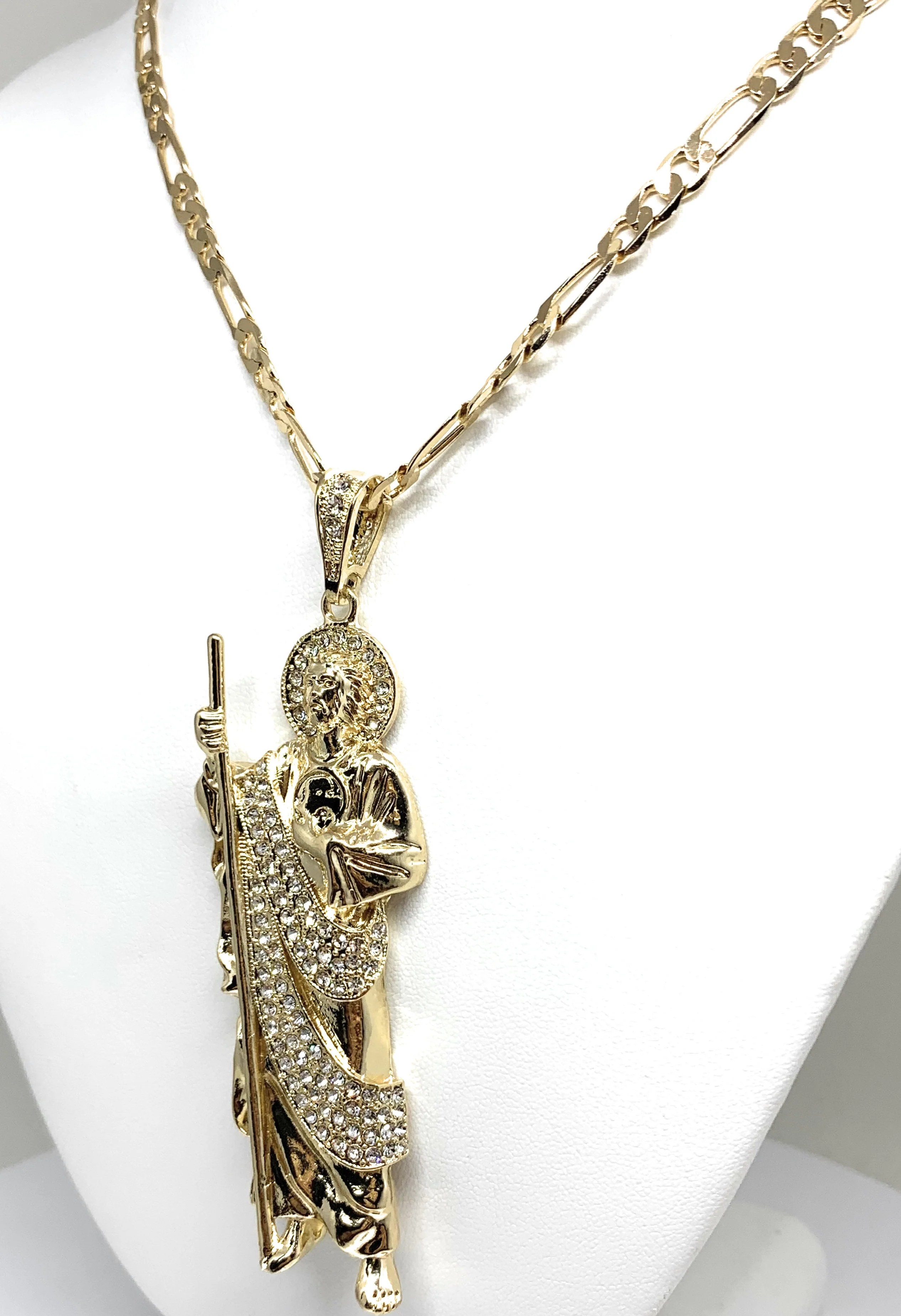 Gold Plated Saint Jude BIG XL Pendant White CZ Necklace Figaro San Judas Tadeo Medalla - Image 4