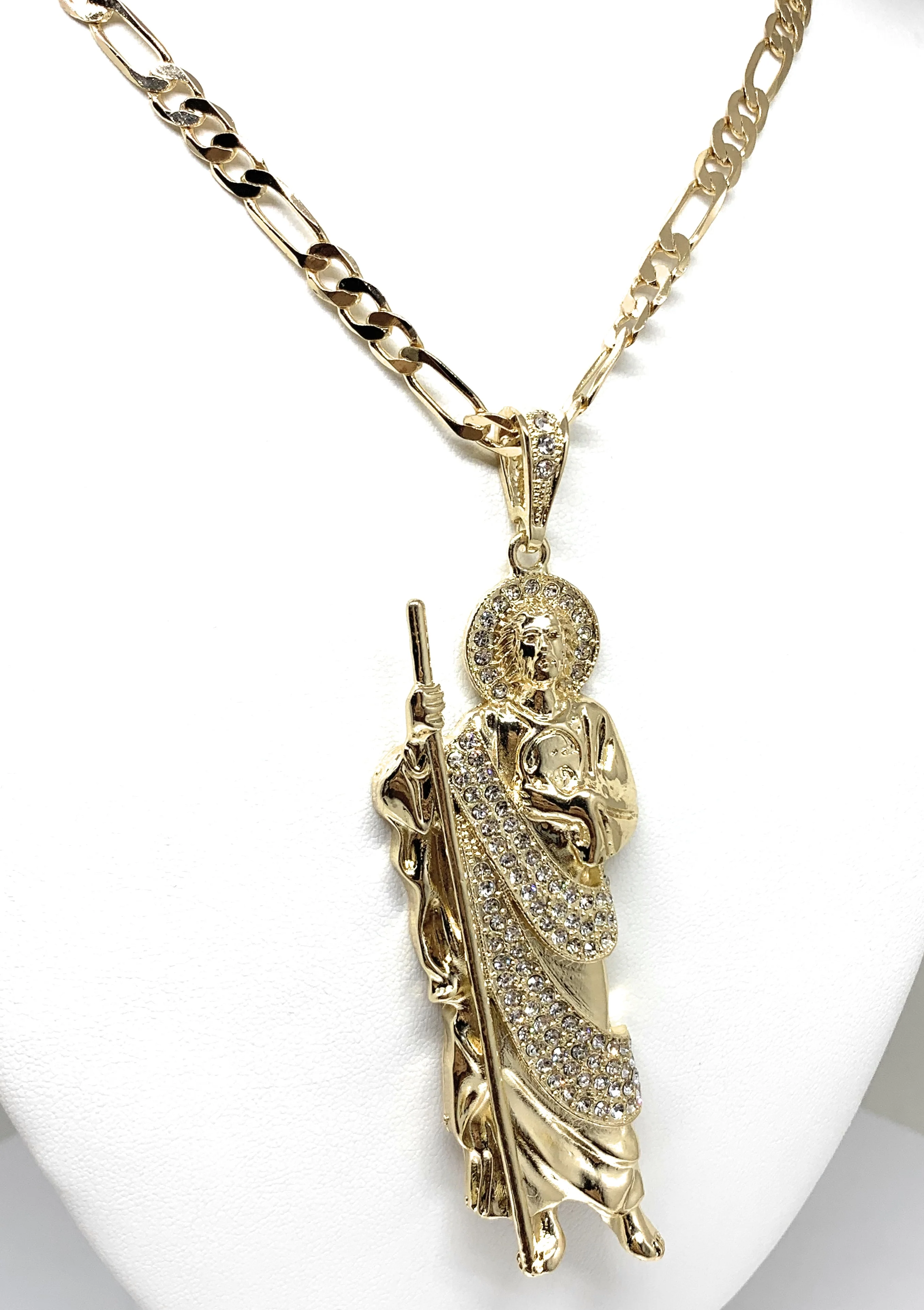 Gold Plated Saint Jude BIG XL Pendant White CZ Necklace Figaro San Judas Tadeo Medalla - Image 5