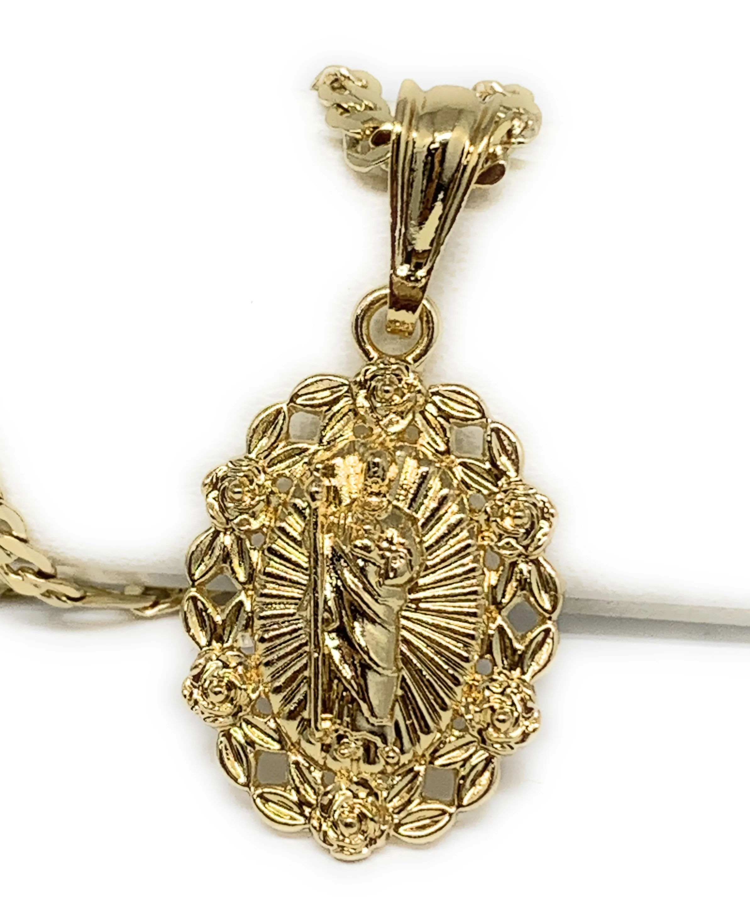 Gold Plated Saint Jude Flower Pendant Necklace Figaro 24" San Judas Tadeo