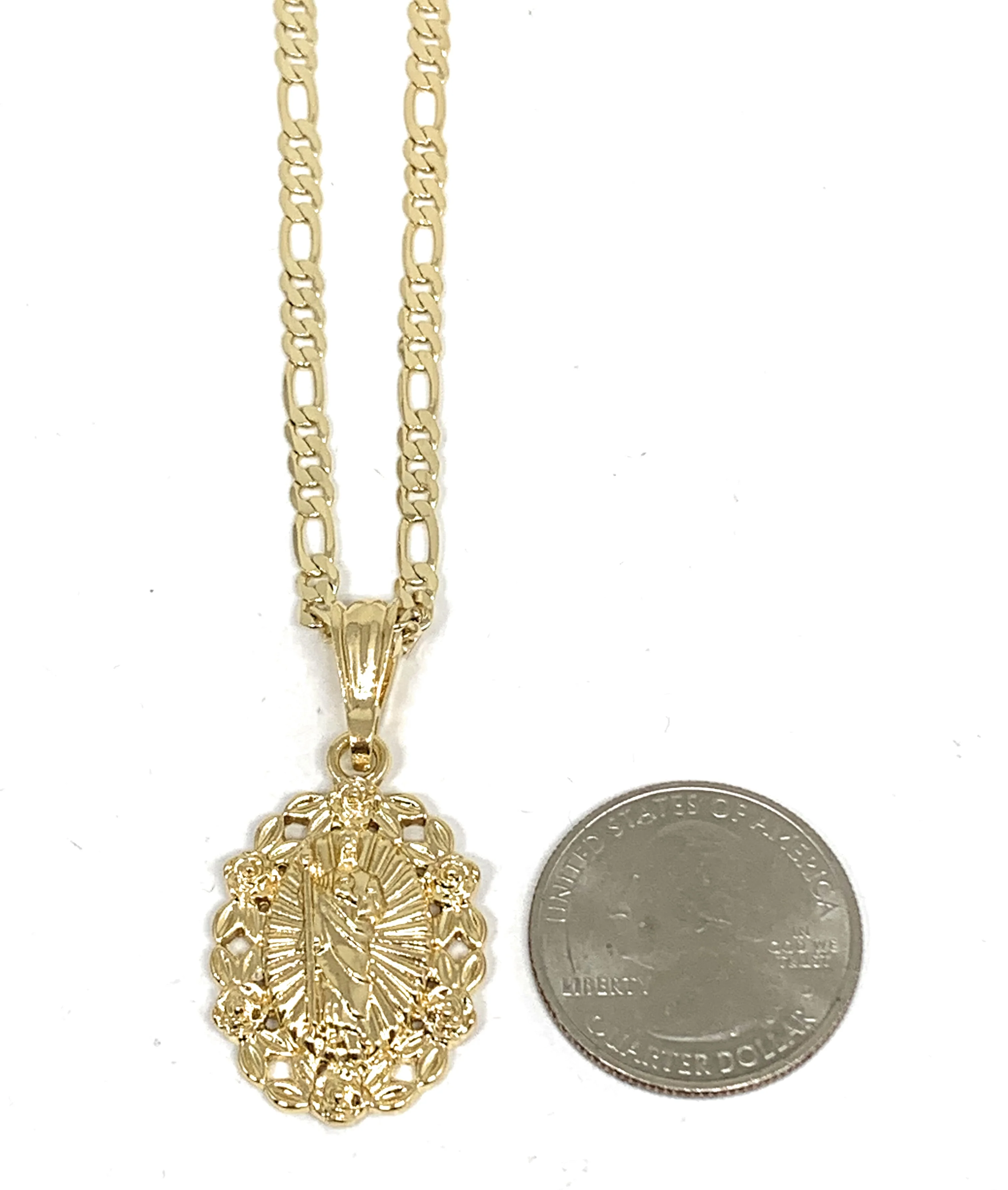 Gold Plated Saint Jude Flower Pendant Necklace Figaro 24" San Judas Tadeo - Image 2