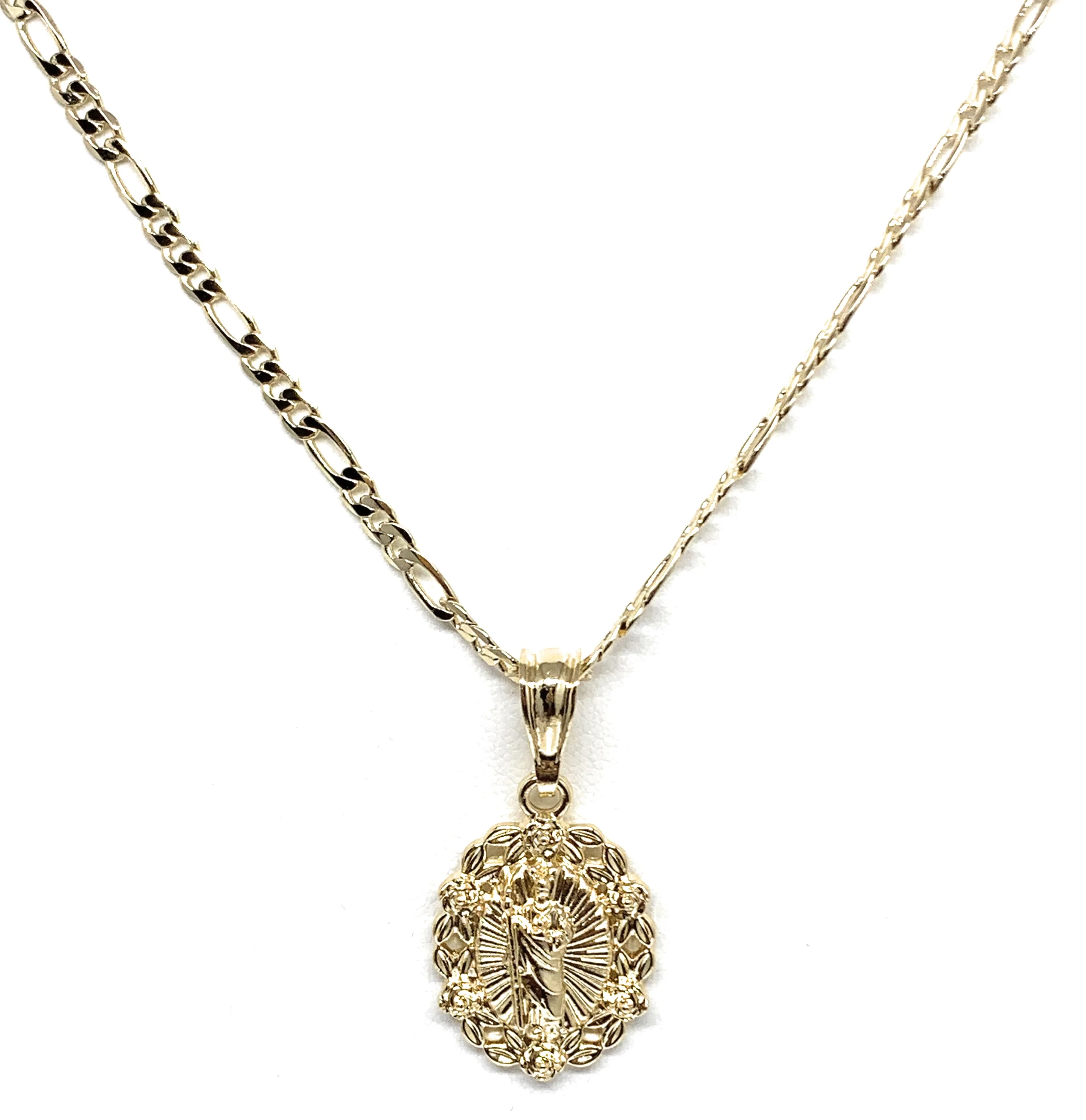 Gold Plated Saint Jude Flower Pendant Necklace Figaro 24" San Judas Tadeo - Image 3