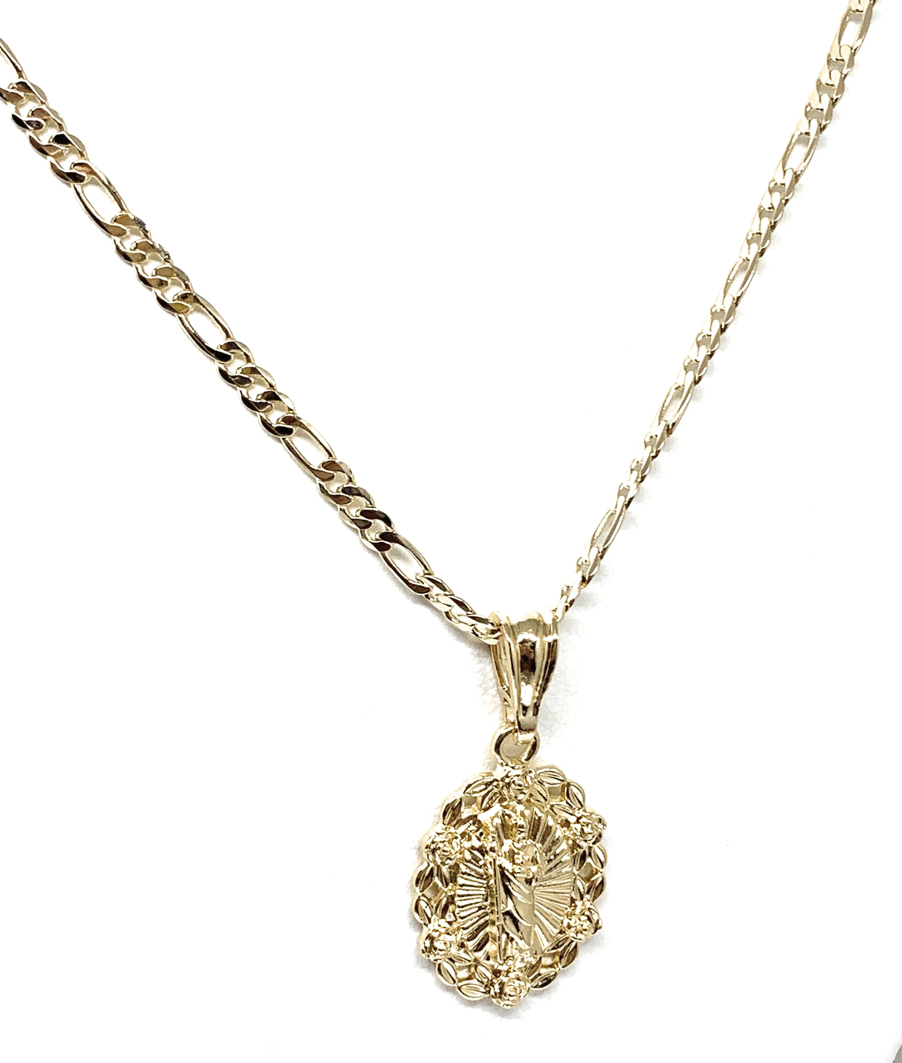 Gold Plated Saint Jude Flower Pendant Necklace Figaro 24" San Judas Tadeo - Image 4