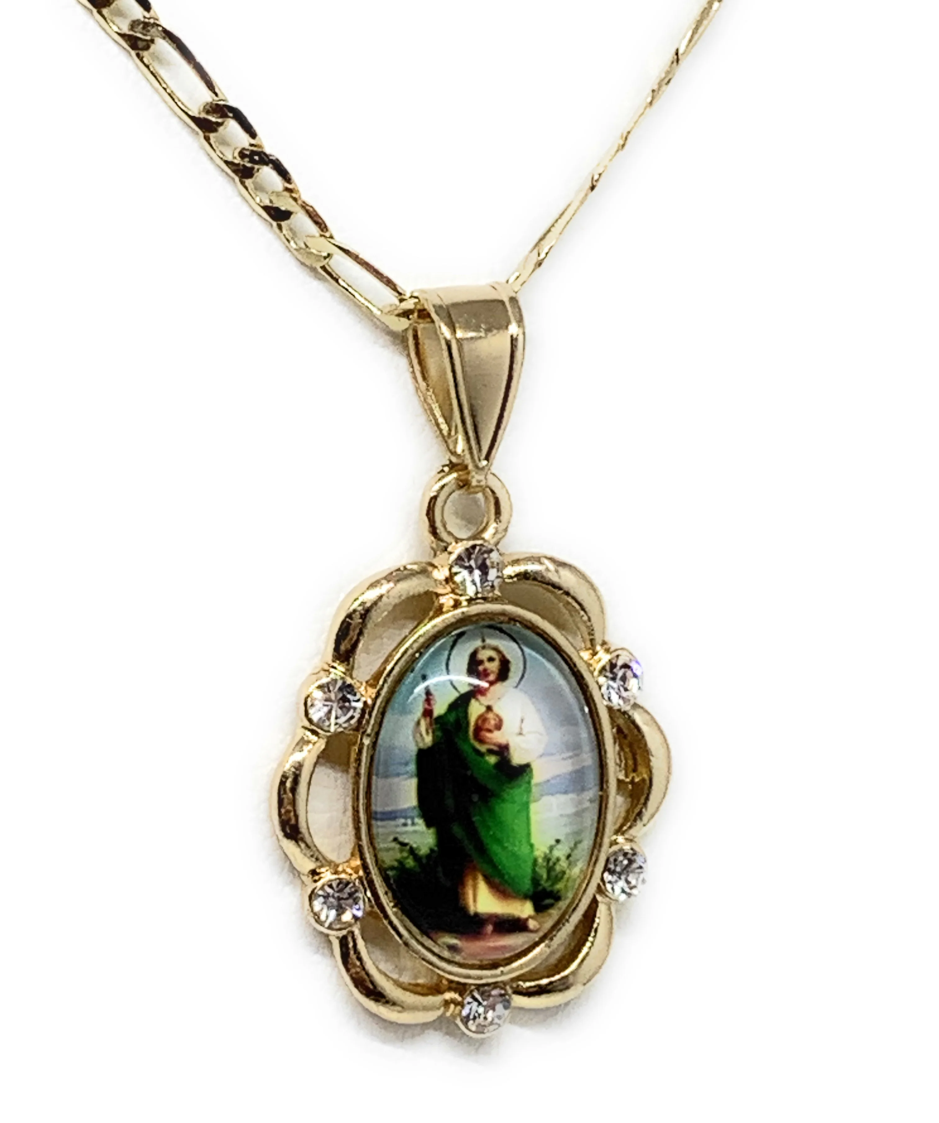 Gold Plated Saint Jude Pendant CZ Necklace Figaro 24" San Judas Tadeo Medalla - Image 5