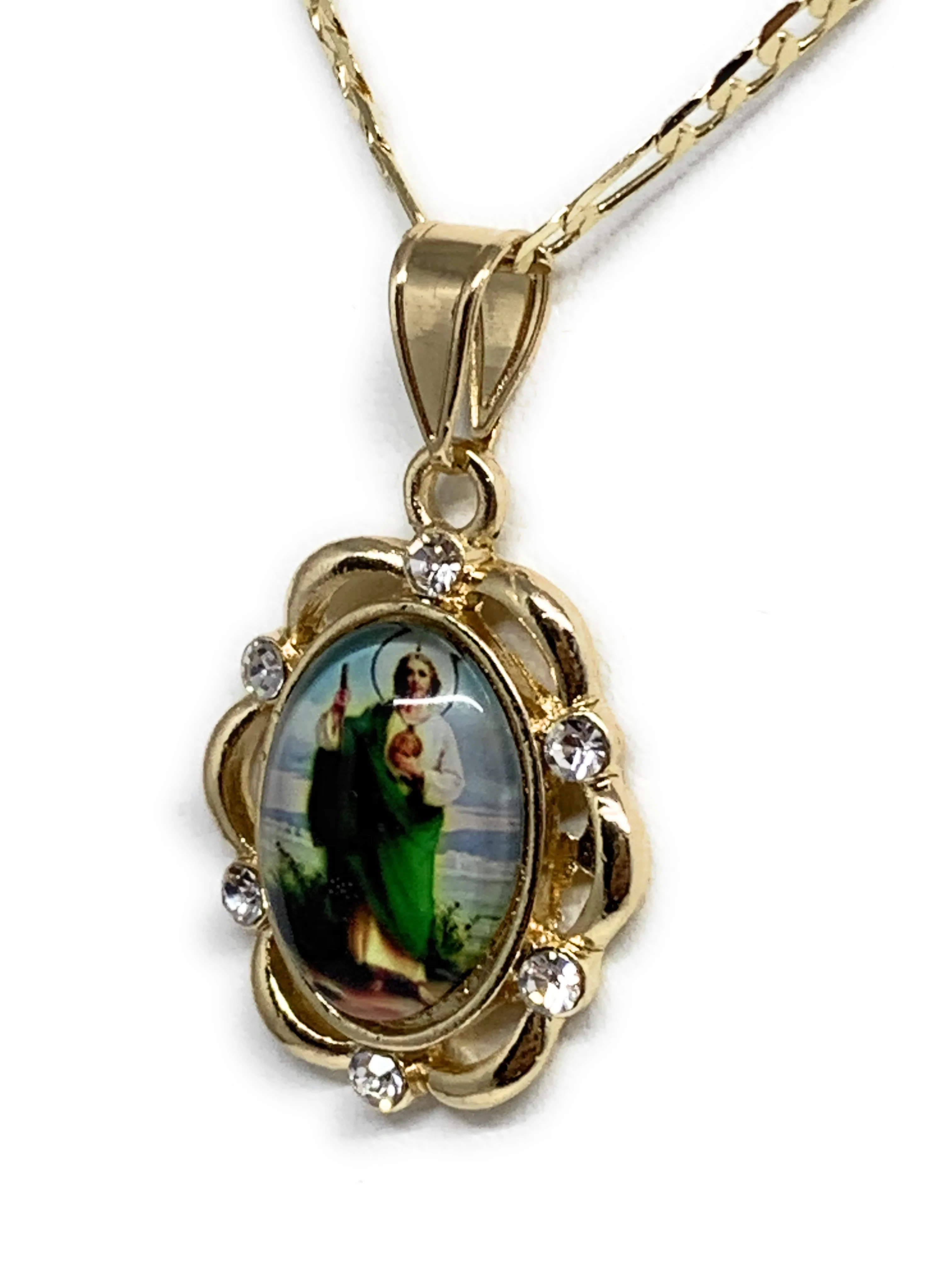 Gold Plated Saint Jude Pendant CZ Necklace Figaro 24" San Judas Tadeo Medalla - Image 6