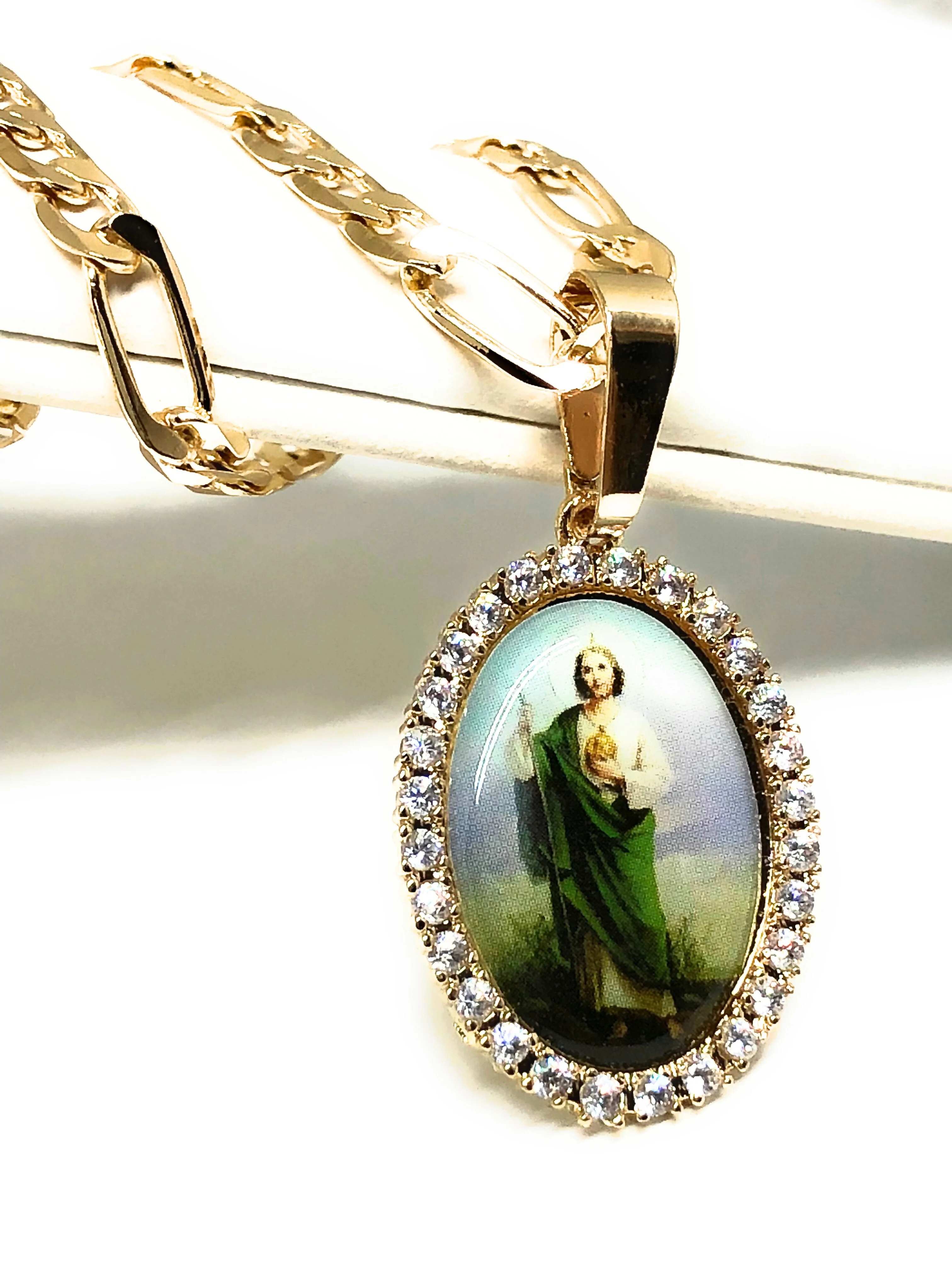 Gold Plated Saint Jude Pendant CZ Necklace Figaro 24" San Judas Tadeo Medalla Oro Laminado