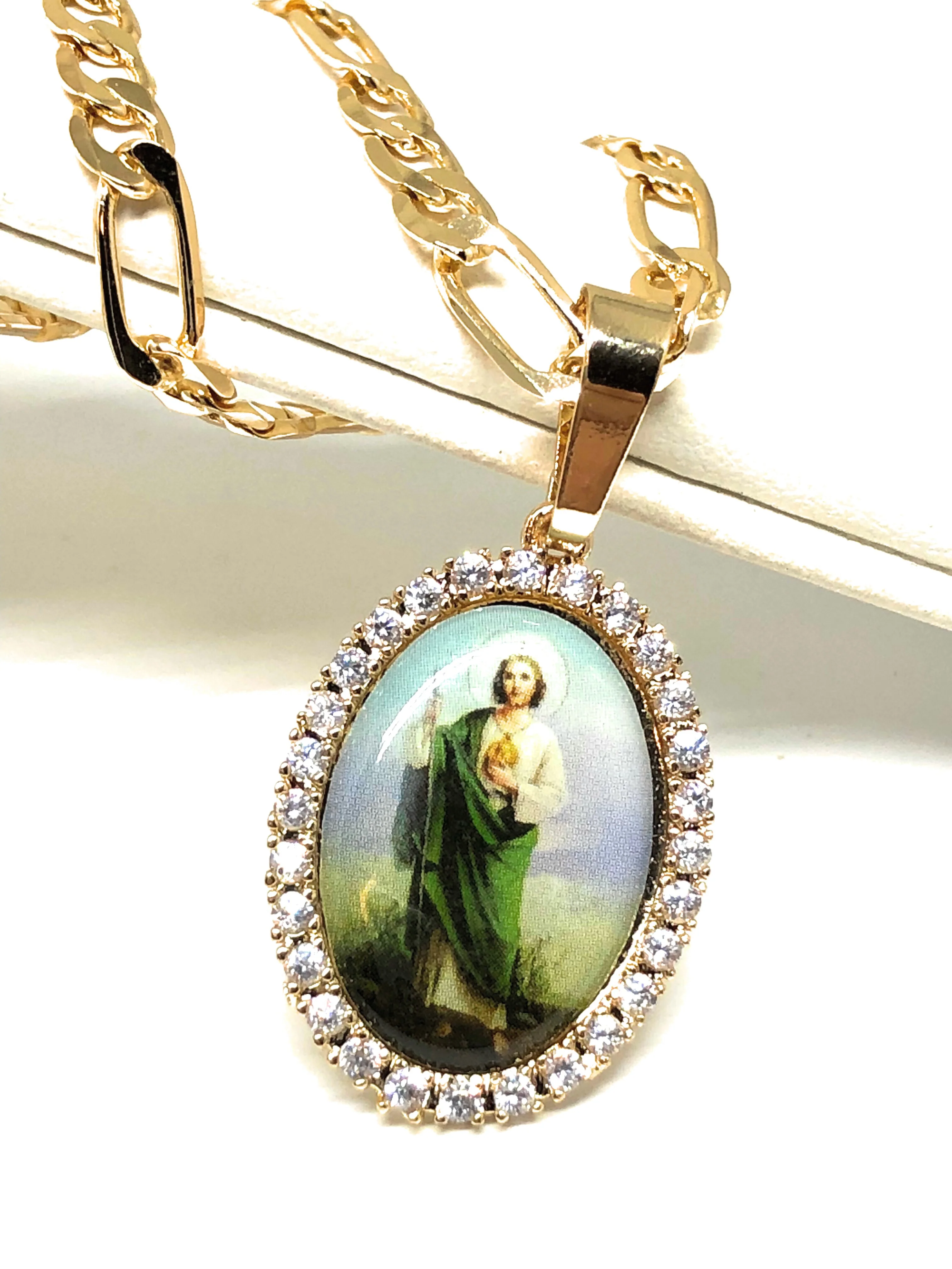 Gold Plated Saint Jude Pendant CZ Necklace Figaro 24" San Judas Tadeo Medalla Oro Laminado - Image 2