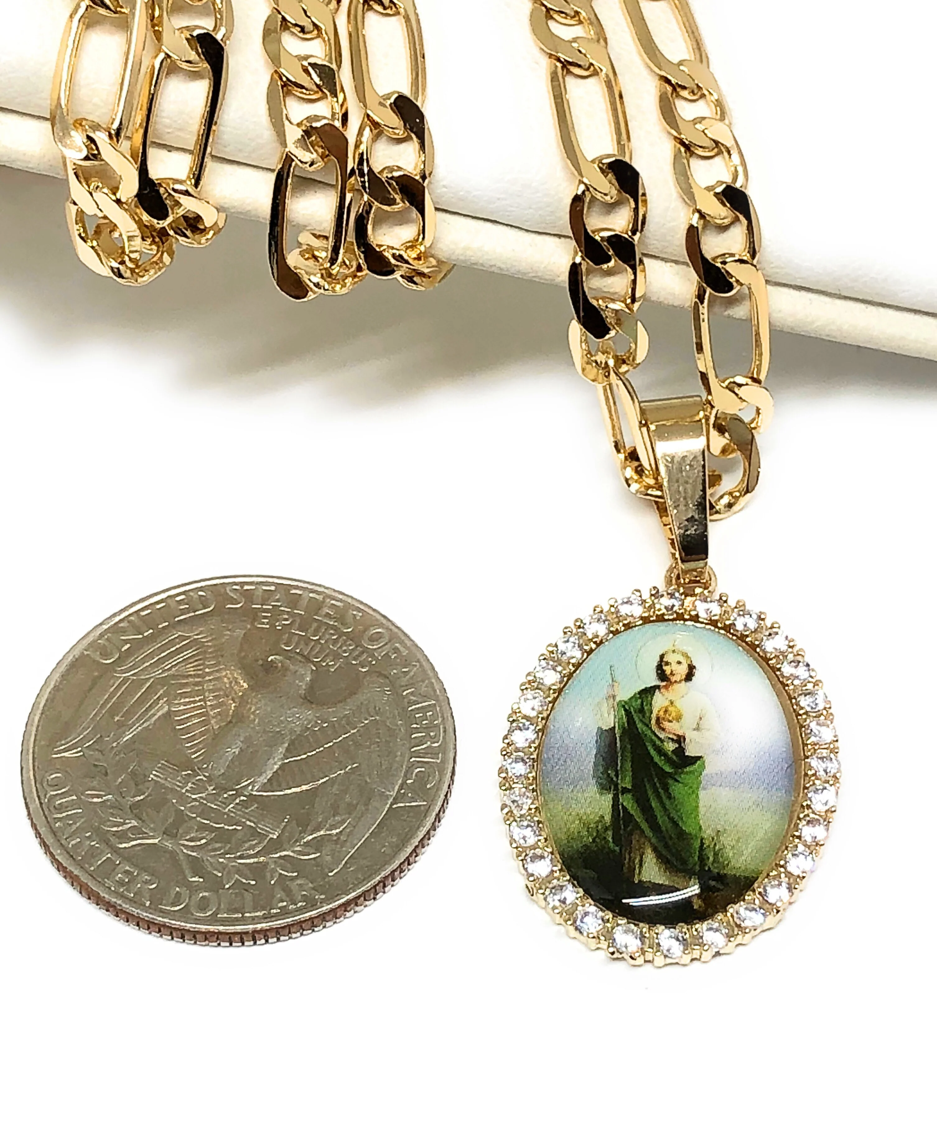 Gold Plated Saint Jude Pendant CZ Necklace Figaro 24" San Judas Tadeo Medalla Oro Laminado - Image 3