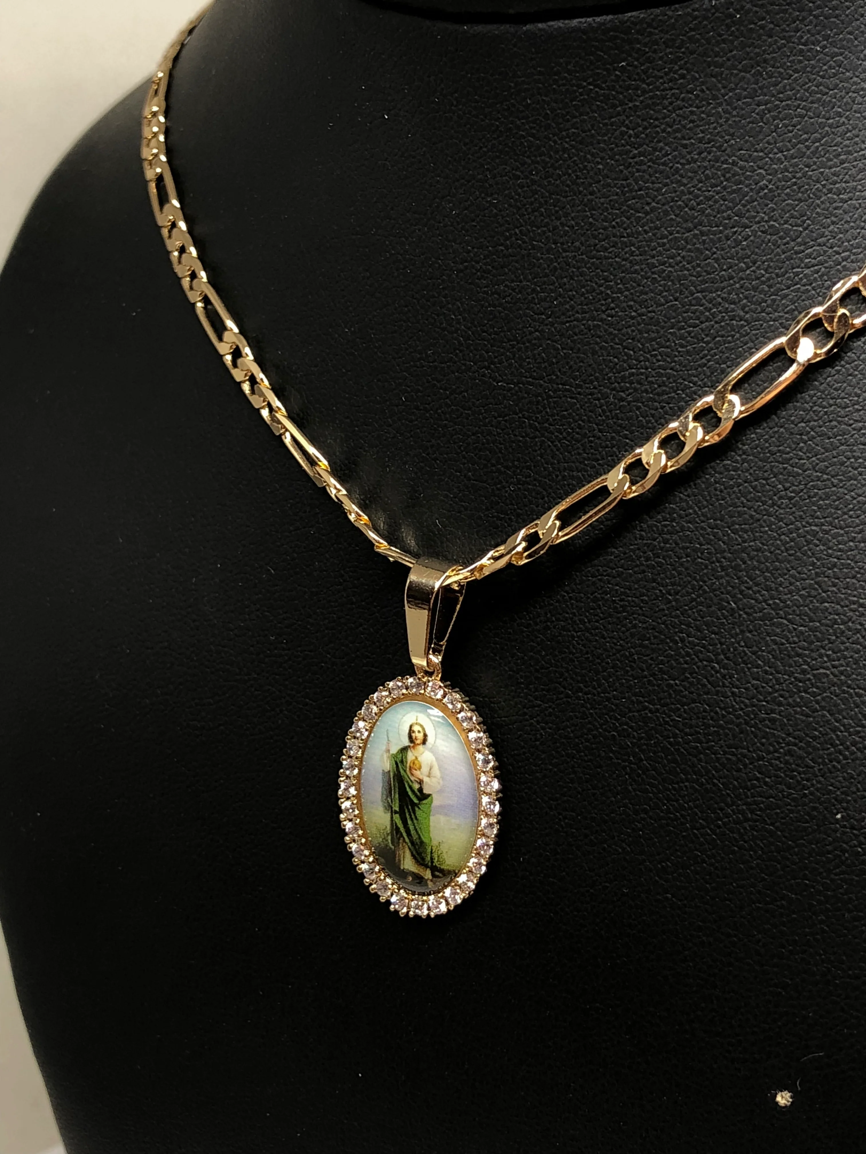 Gold Plated Saint Jude Pendant CZ Necklace Figaro 24" San Judas Tadeo Medalla Oro Laminado - Image 4