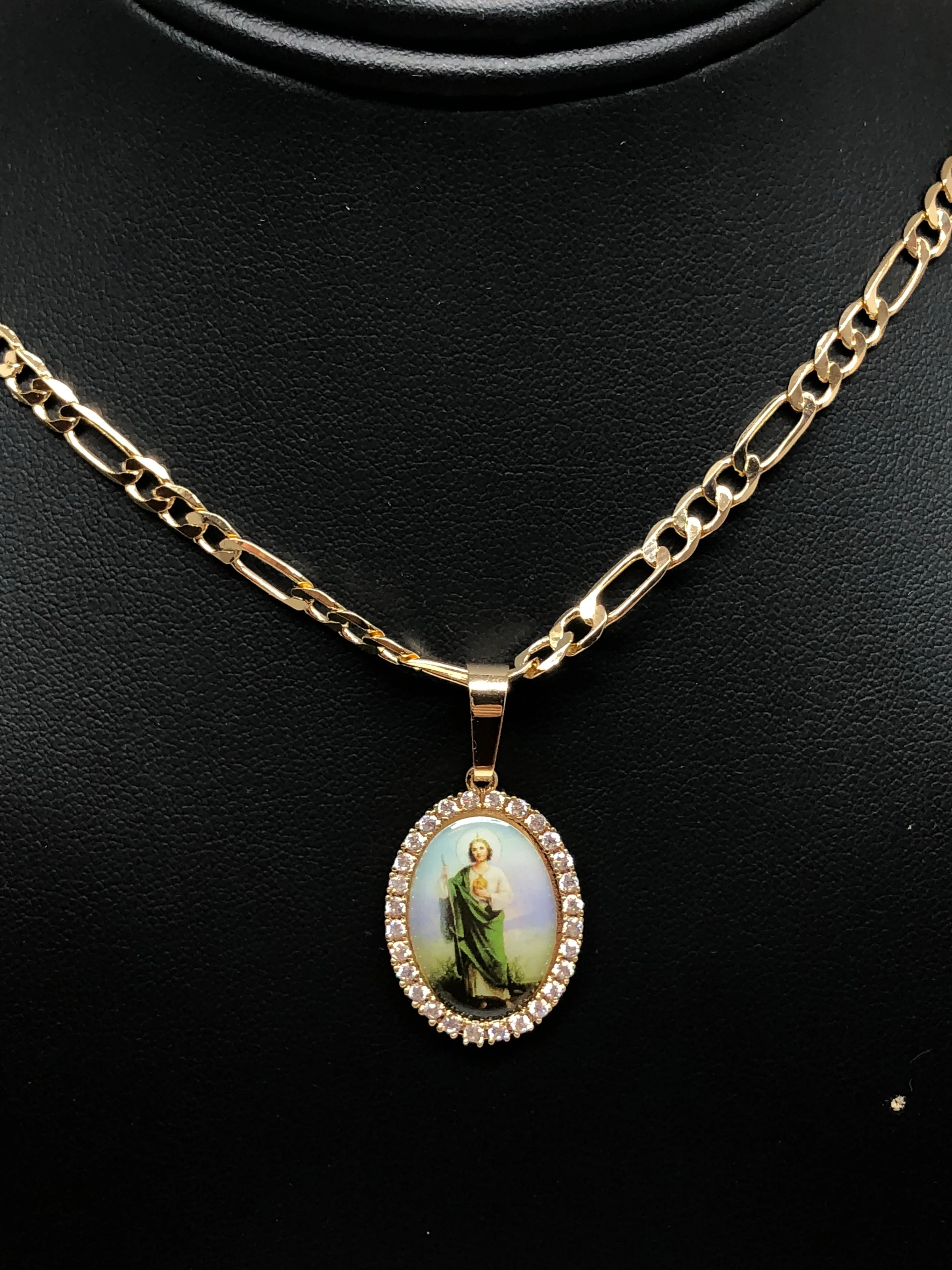 Gold Plated Saint Jude Pendant CZ Necklace Figaro 24" San Judas Tadeo Medalla Oro Laminado - Image 5