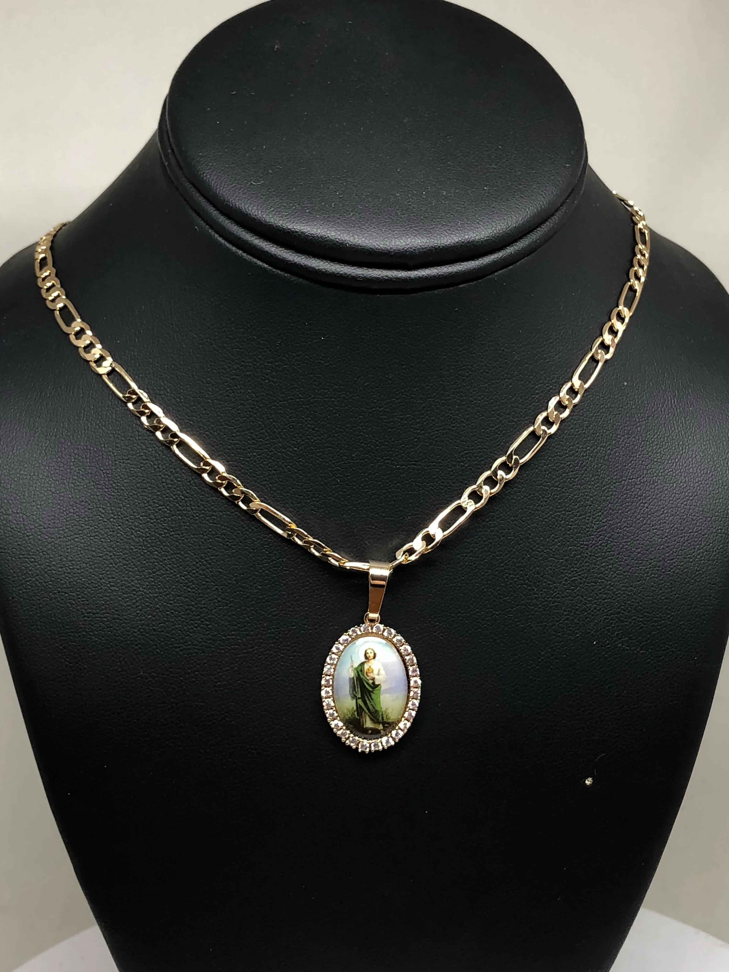Gold Plated Saint Jude Pendant CZ Necklace Figaro 24" San Judas Tadeo Medalla Oro Laminado - Image 6