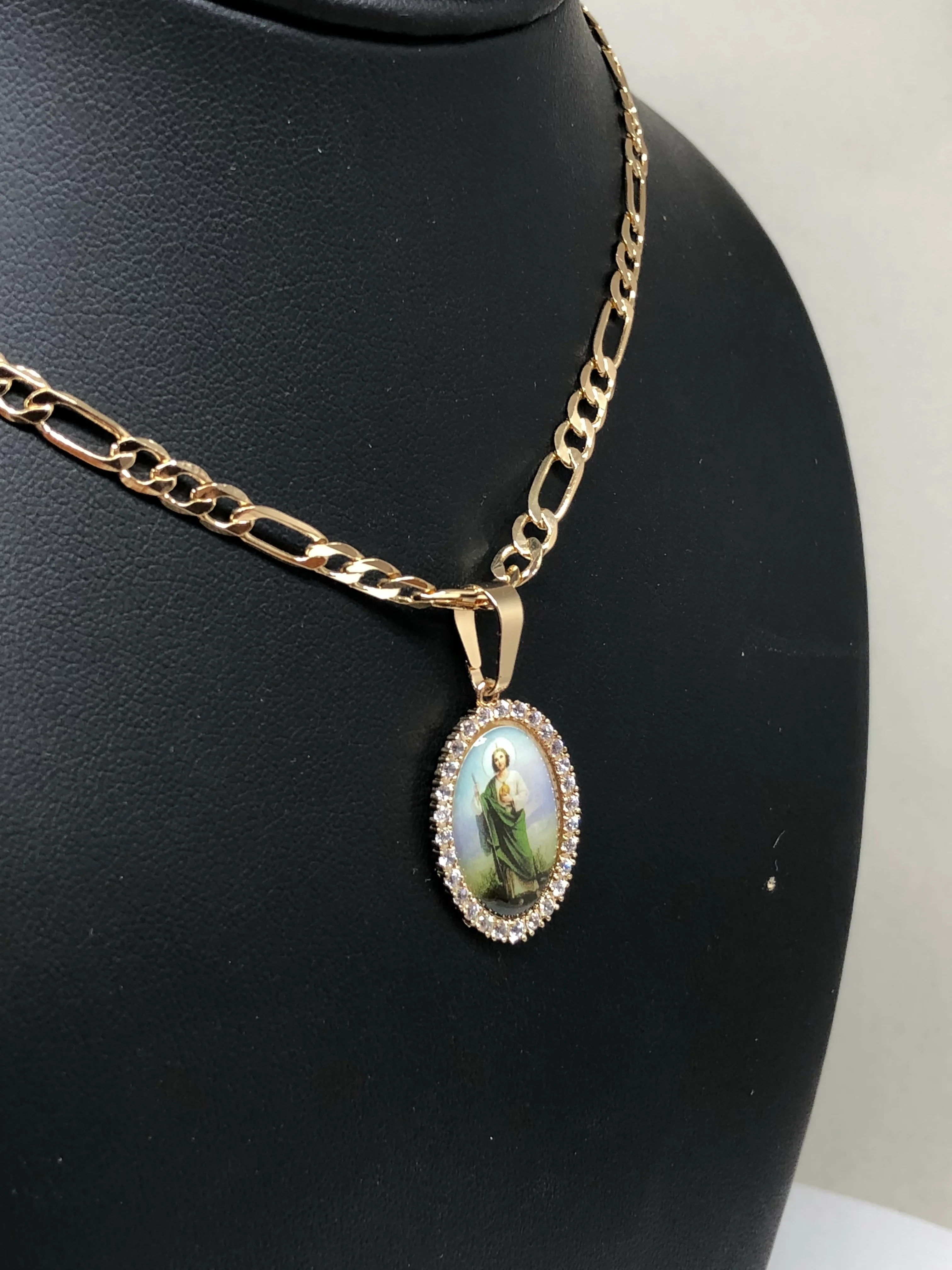 Gold Plated Saint Jude Pendant CZ Necklace Figaro 24" San Judas Tadeo Medalla Oro Laminado - Image 7