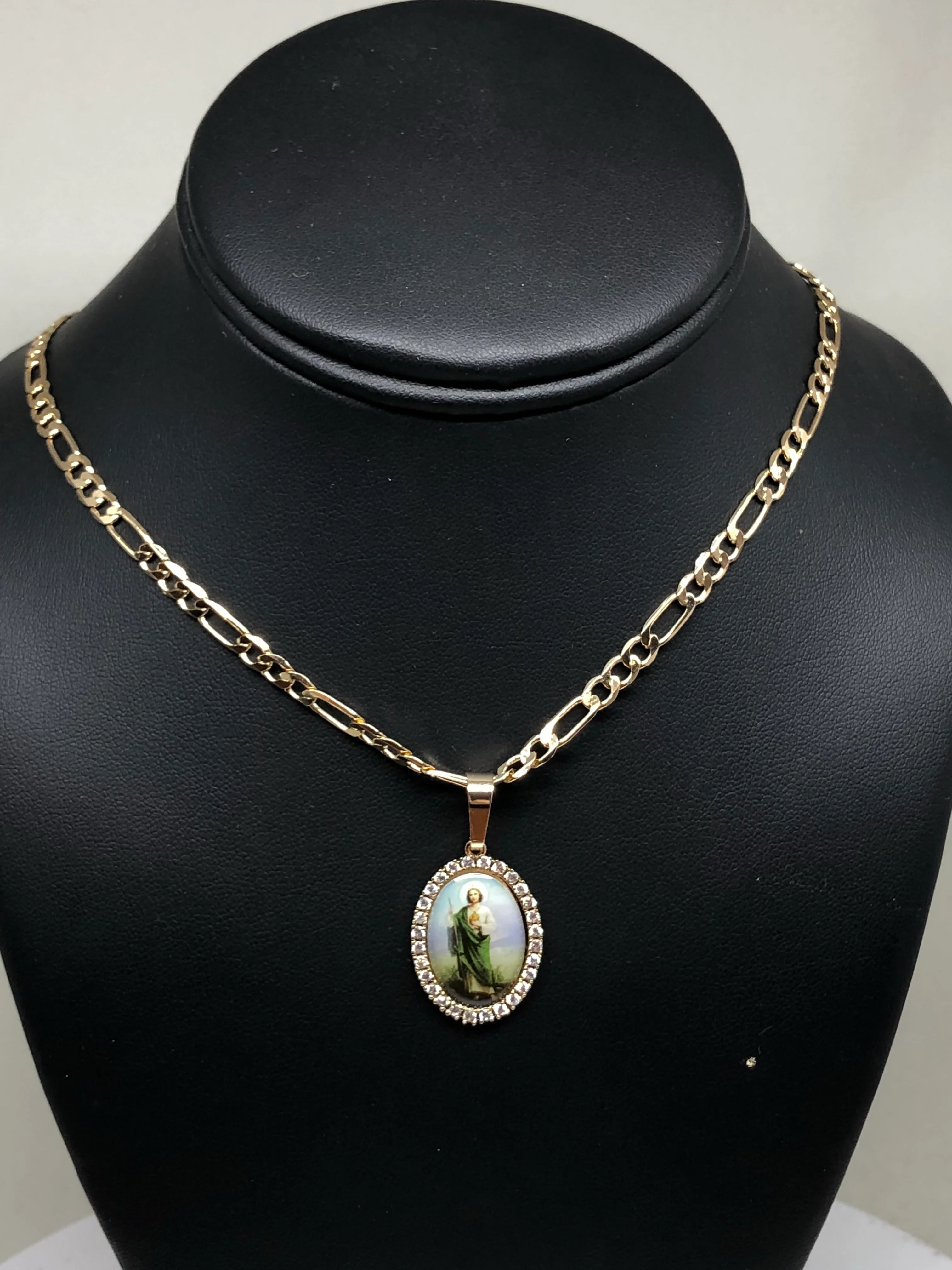 Gold Plated Saint Jude Pendant CZ Necklace Figaro 24" San Judas Tadeo Medalla Oro Laminado - Image 8