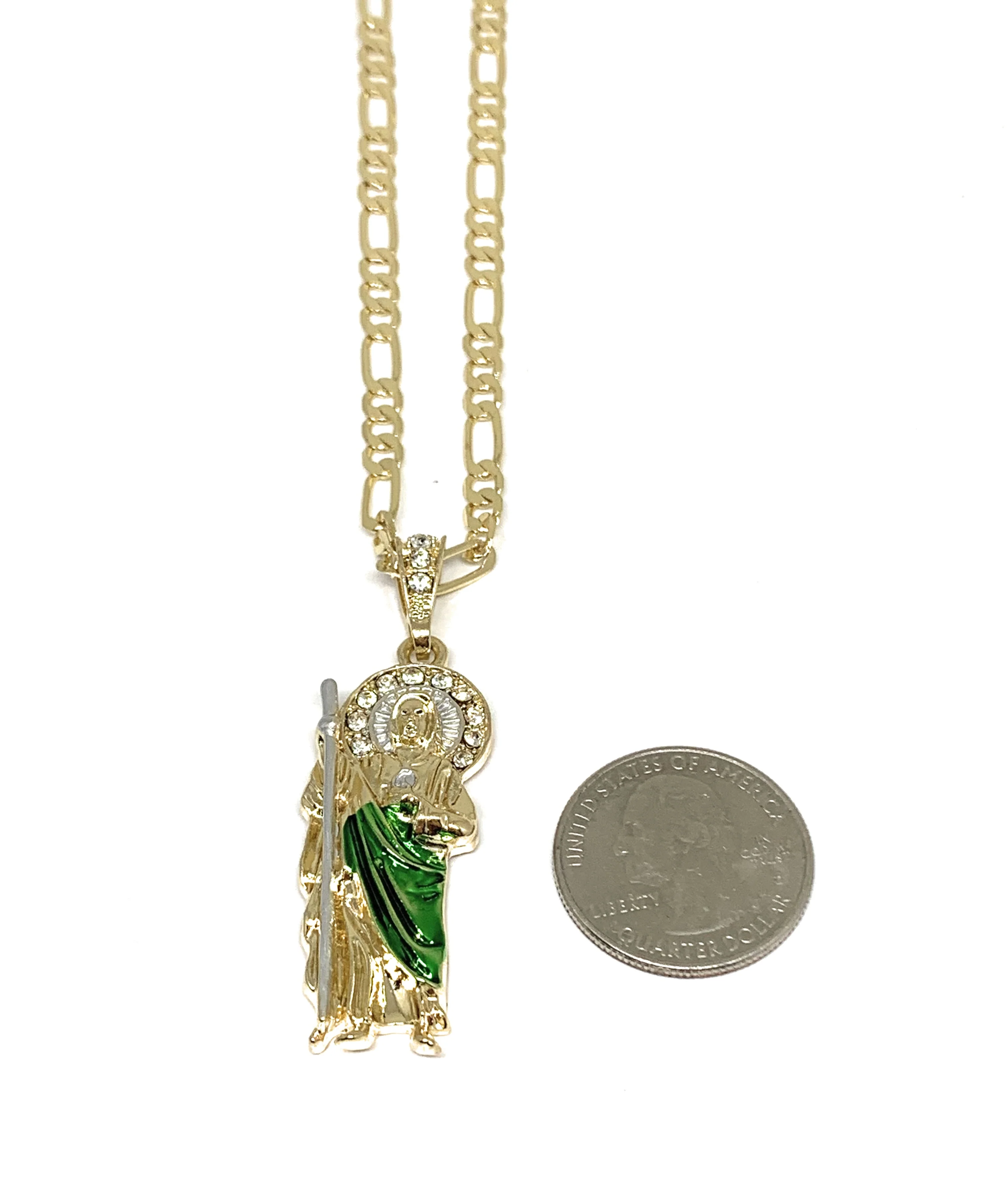 Gold Plated Saint Jude Pendant Green CZ Necklace Figaro San Judas Tadeo Medalla - Image 2