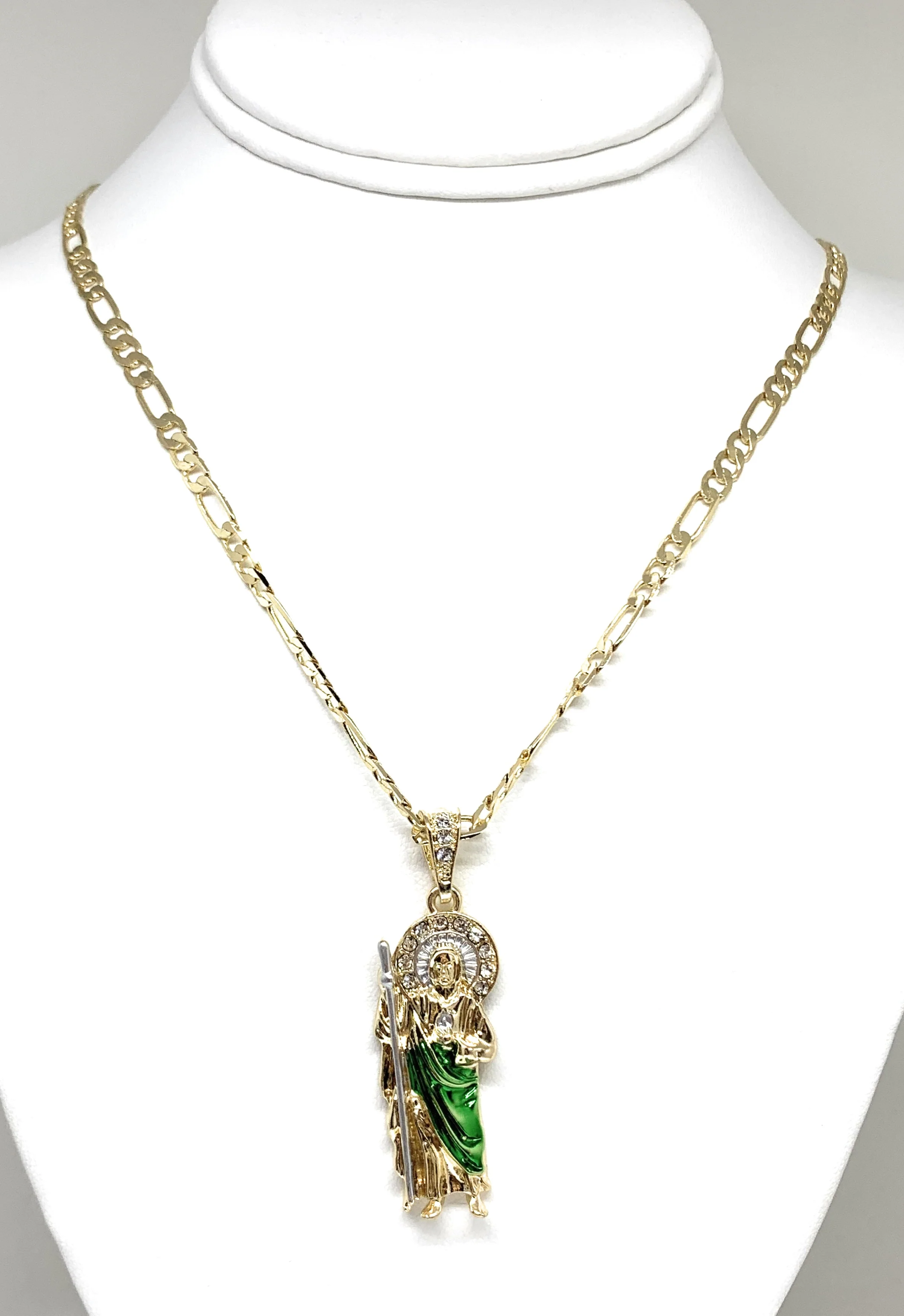 Gold Plated Saint Jude Pendant Green CZ Necklace Figaro San Judas Tadeo Medalla - Image 3