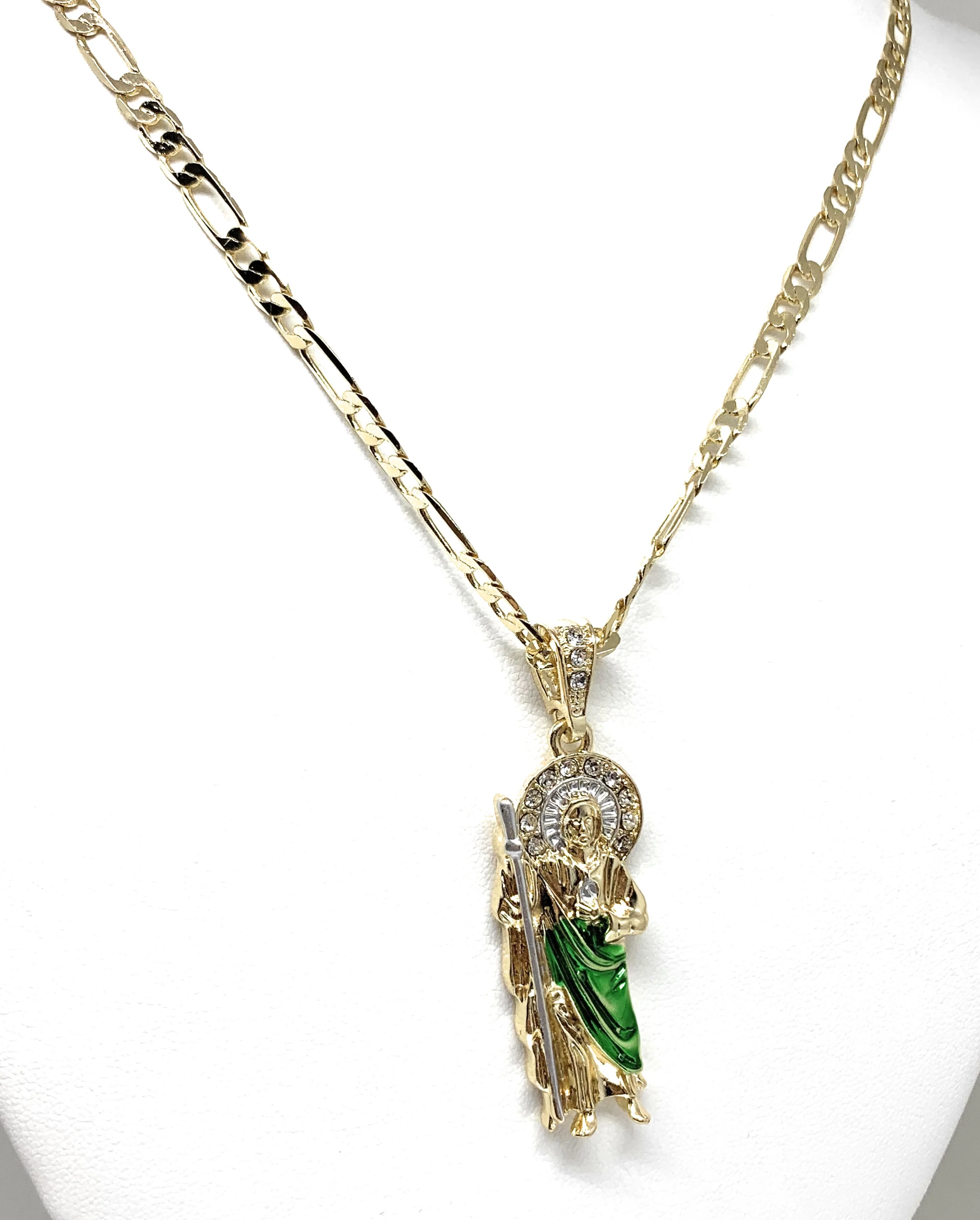 Gold Plated Saint Jude Pendant Green CZ Necklace Figaro San Judas Tadeo Medalla - Image 4