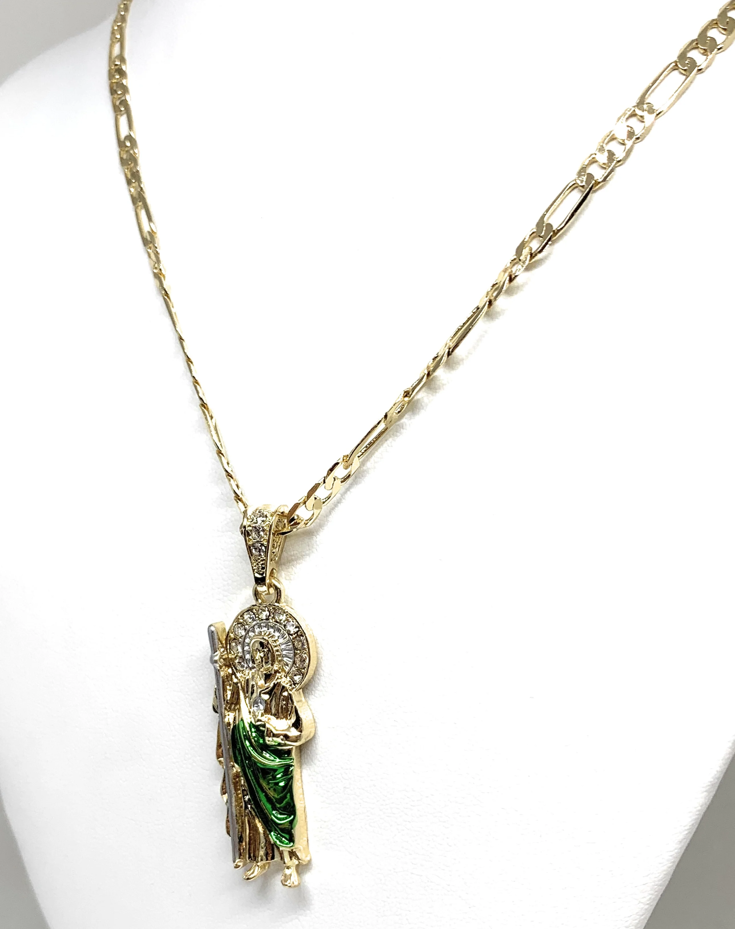 Gold Plated Saint Jude Pendant Green CZ Necklace Figaro San Judas Tadeo Medalla - Image 5