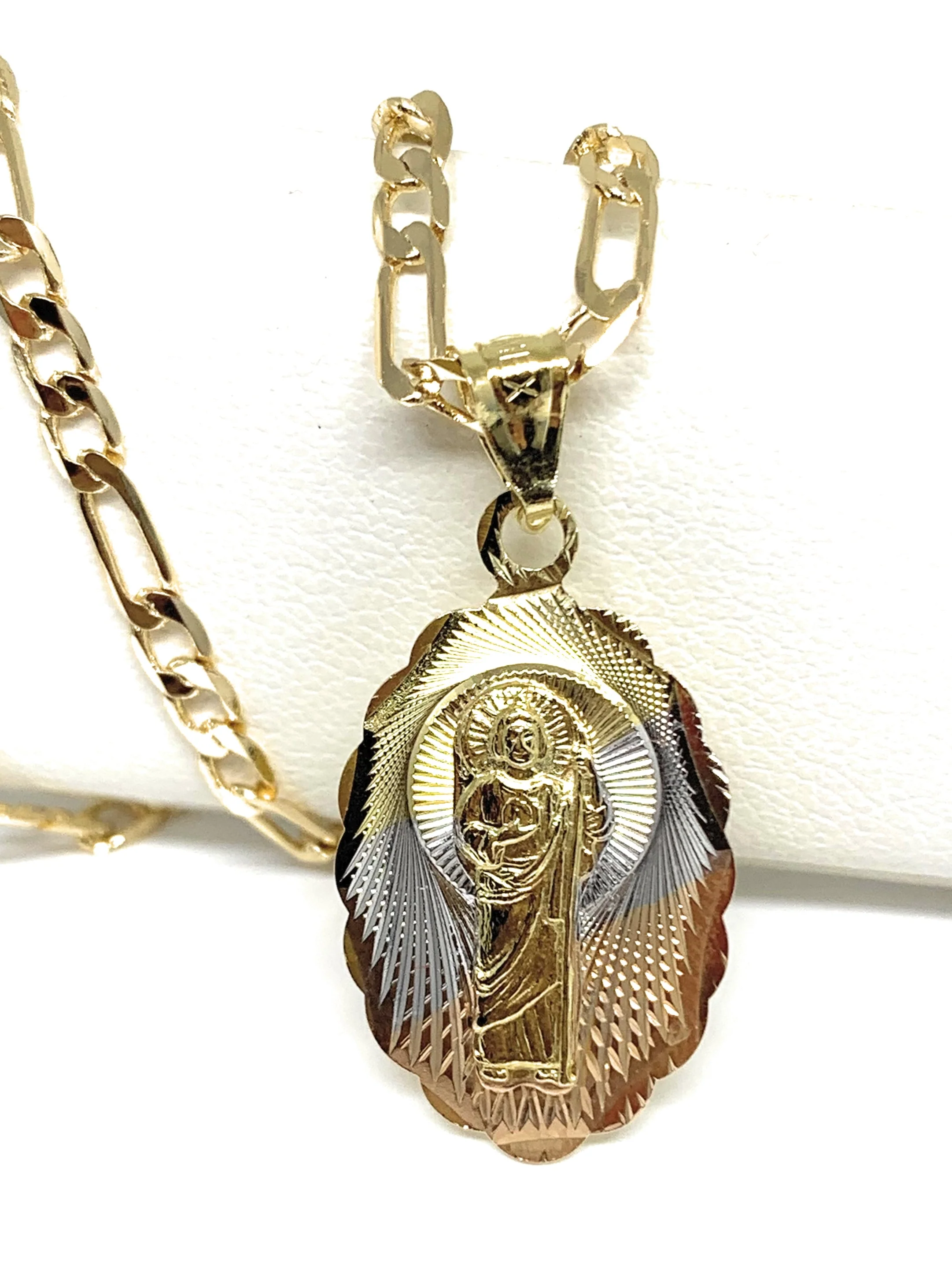 Gold Plated Saint Jude Pendant Laser Cut Oval Pendant Necklace Figaro 24" San Judas Tadeo Medalla