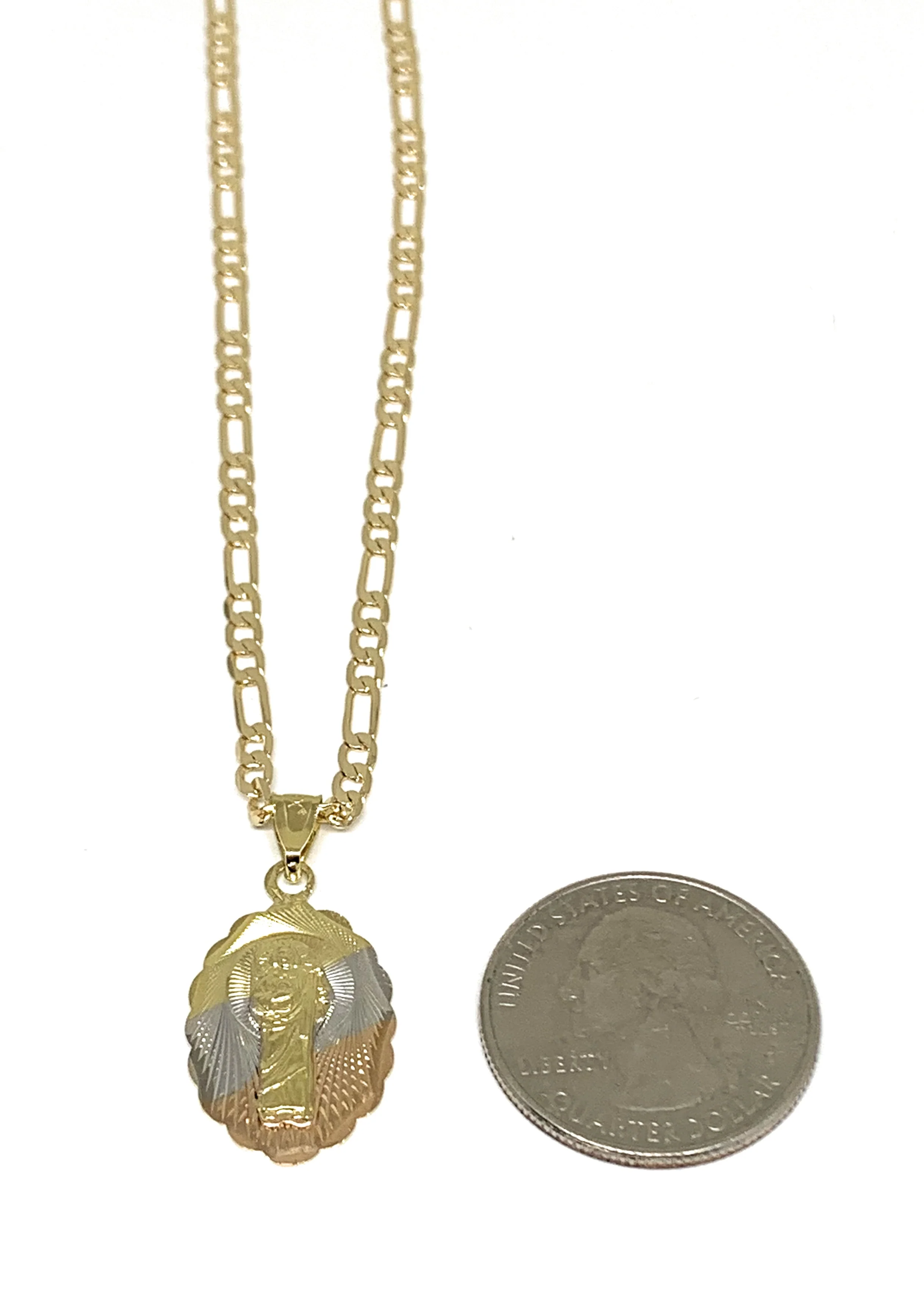 Gold Plated Saint Jude Pendant Laser Cut Oval Pendant Necklace Figaro 24" San Judas Tadeo Medalla - Image 2