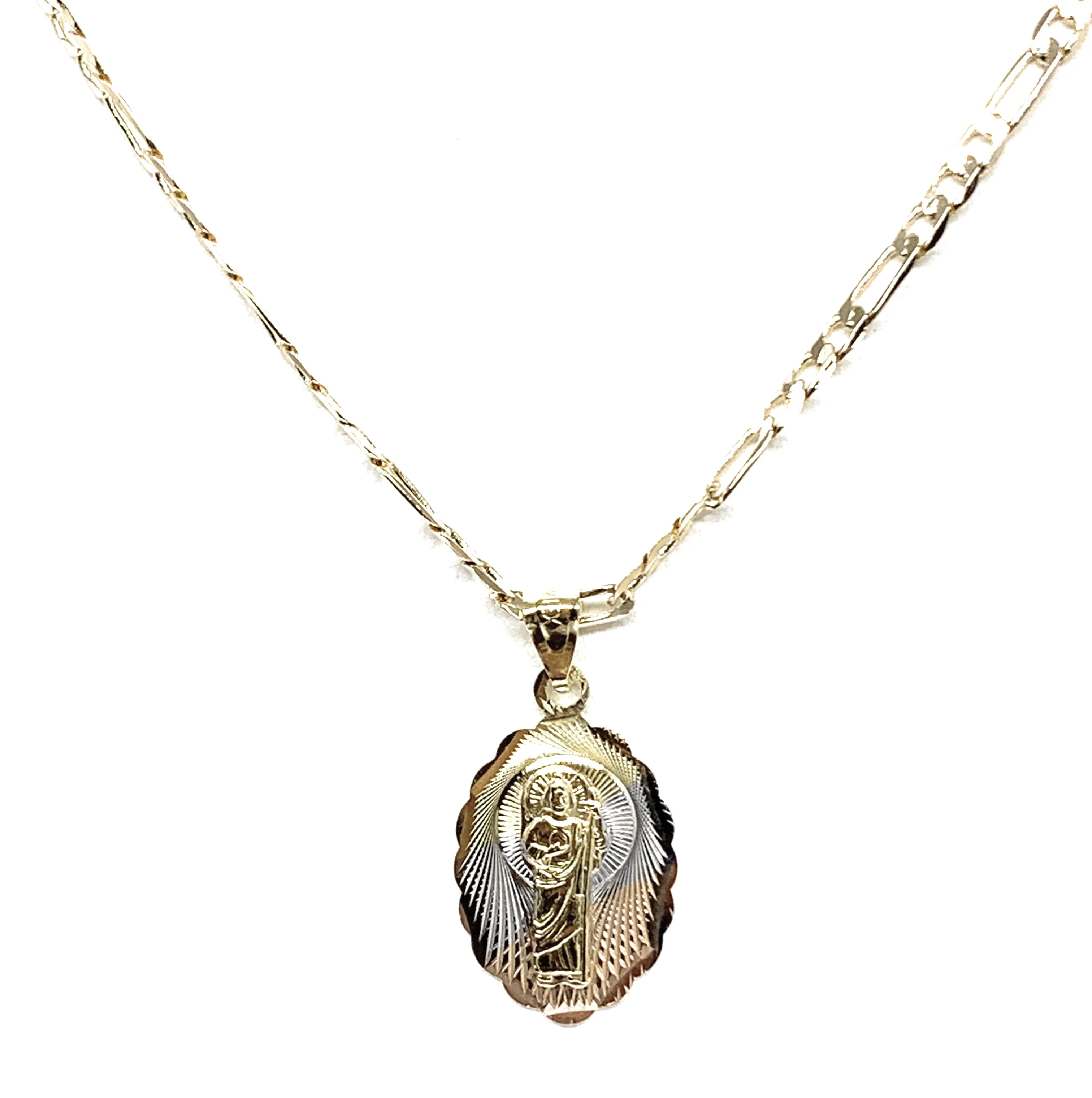 Gold Plated Saint Jude Pendant Laser Cut Oval Pendant Necklace Figaro 24" San Judas Tadeo Medalla - Image 3
