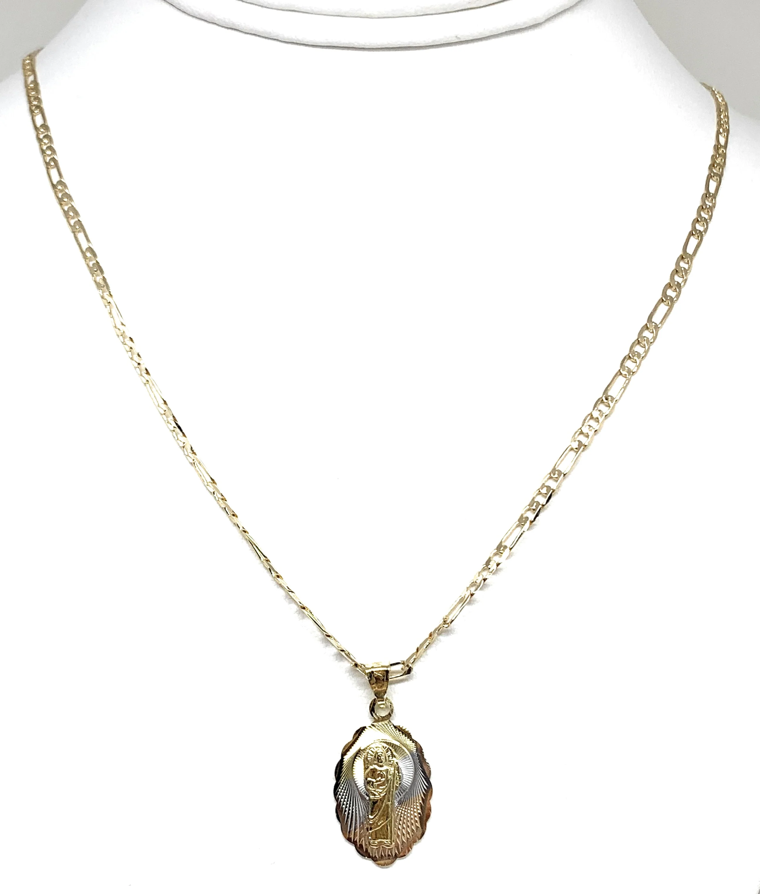 Gold Plated Saint Jude Pendant Laser Cut Oval Pendant Necklace Figaro 24" San Judas Tadeo Medalla - Image 5