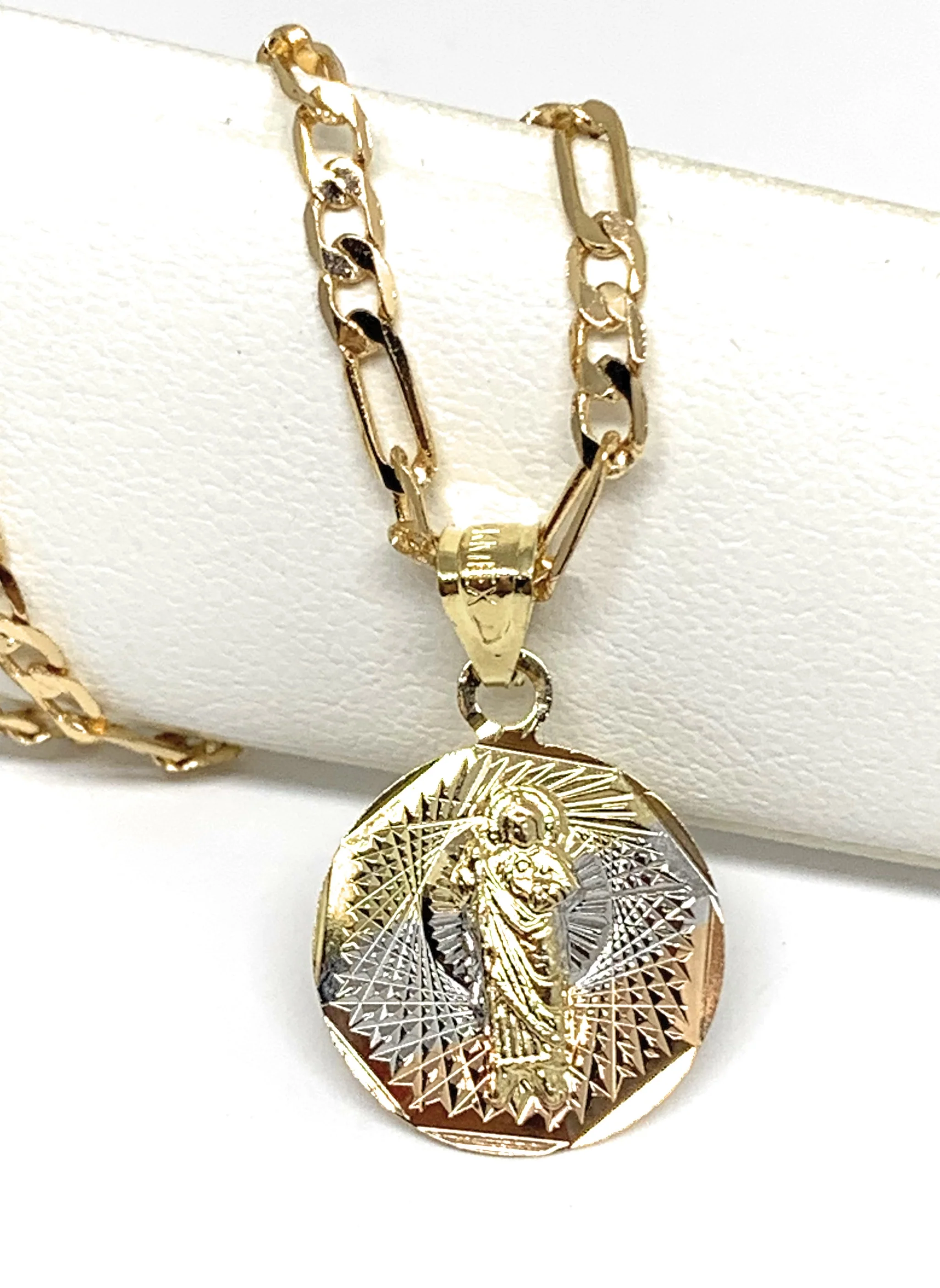Gold Plated Saint Jude Pendant Laser Cut Pendant Necklace Figaro 24" San Judas Tadeo Medalla