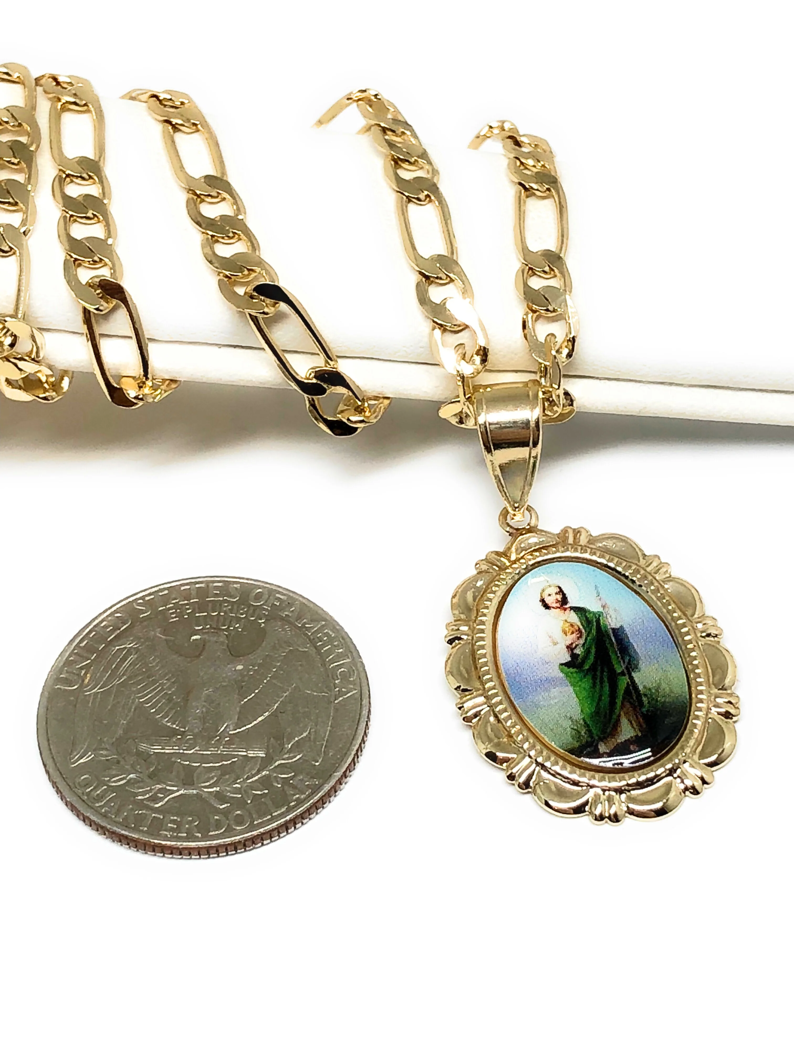 Gold Plated Saint Jude Pendant Necklace Figaro 24" San Judas Tadeo Medalla Oro Laminado - Image 3