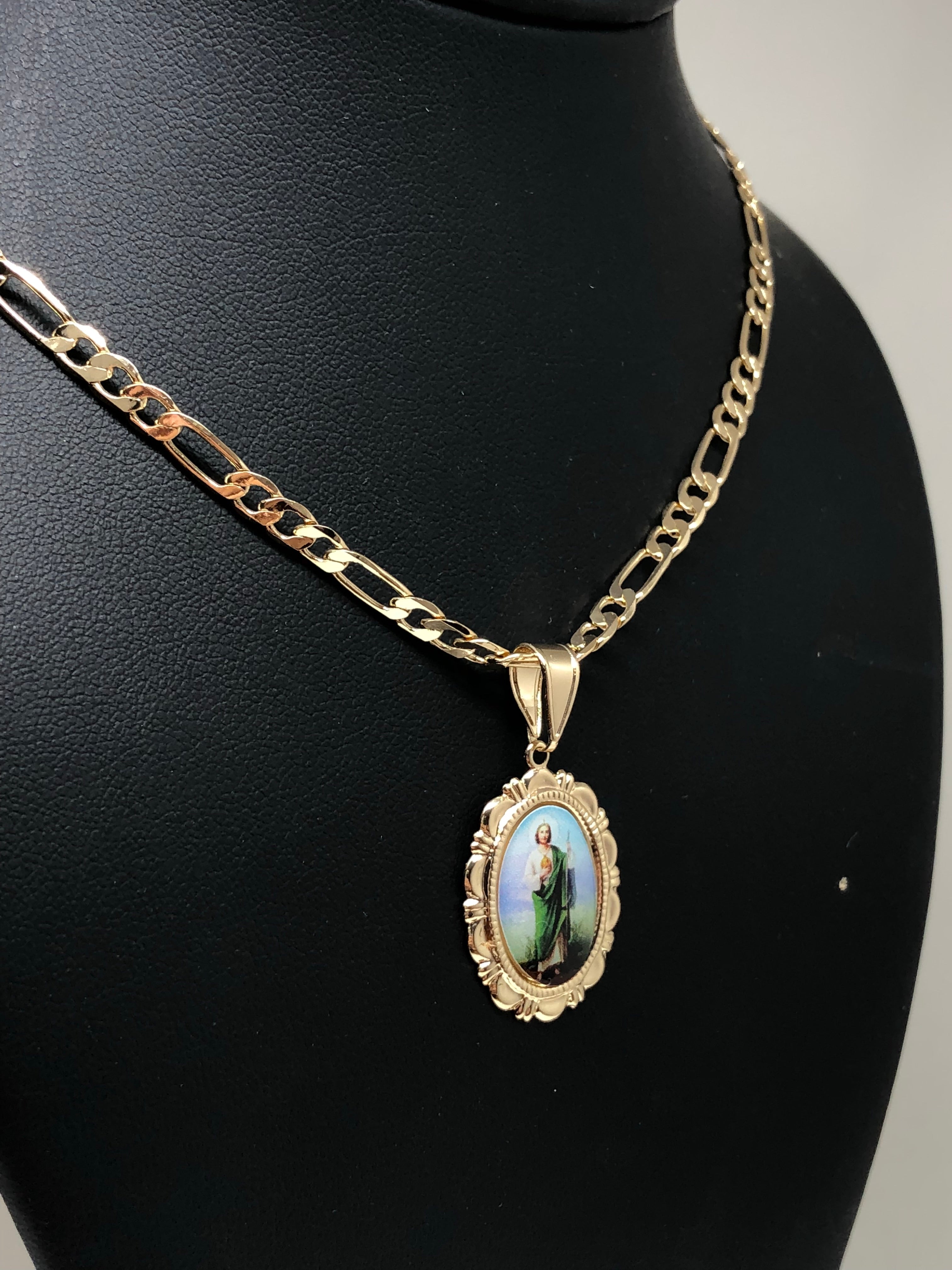 Gold Plated Saint Jude Pendant Necklace Figaro 24" San Judas Tadeo Medalla Oro Laminado - Image 5