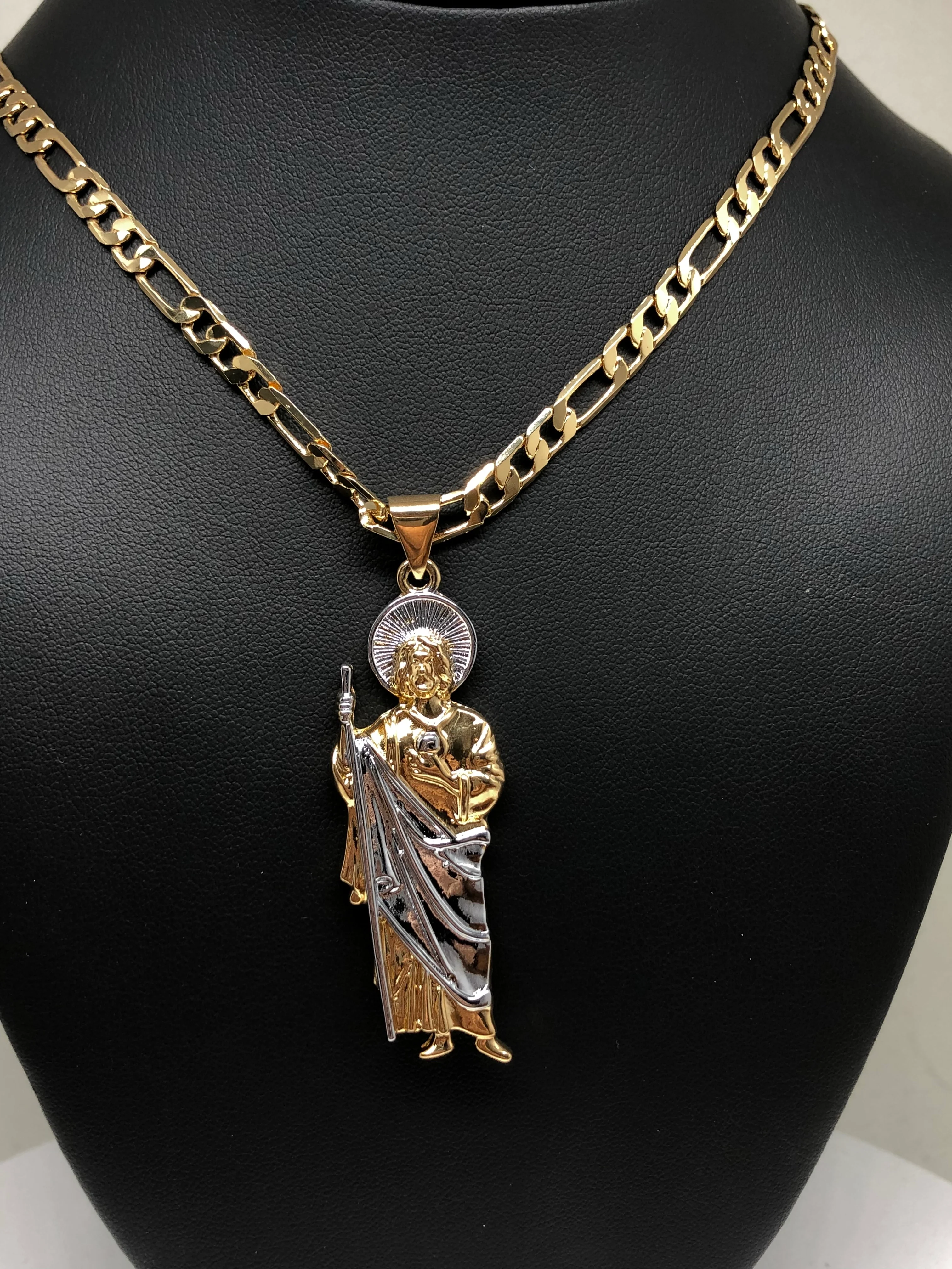 Gold Plated Saint Jude Pendant Necklace Figaro 26" San Judas Tadeo Medalla Cadena Oro Laminado - Image 10