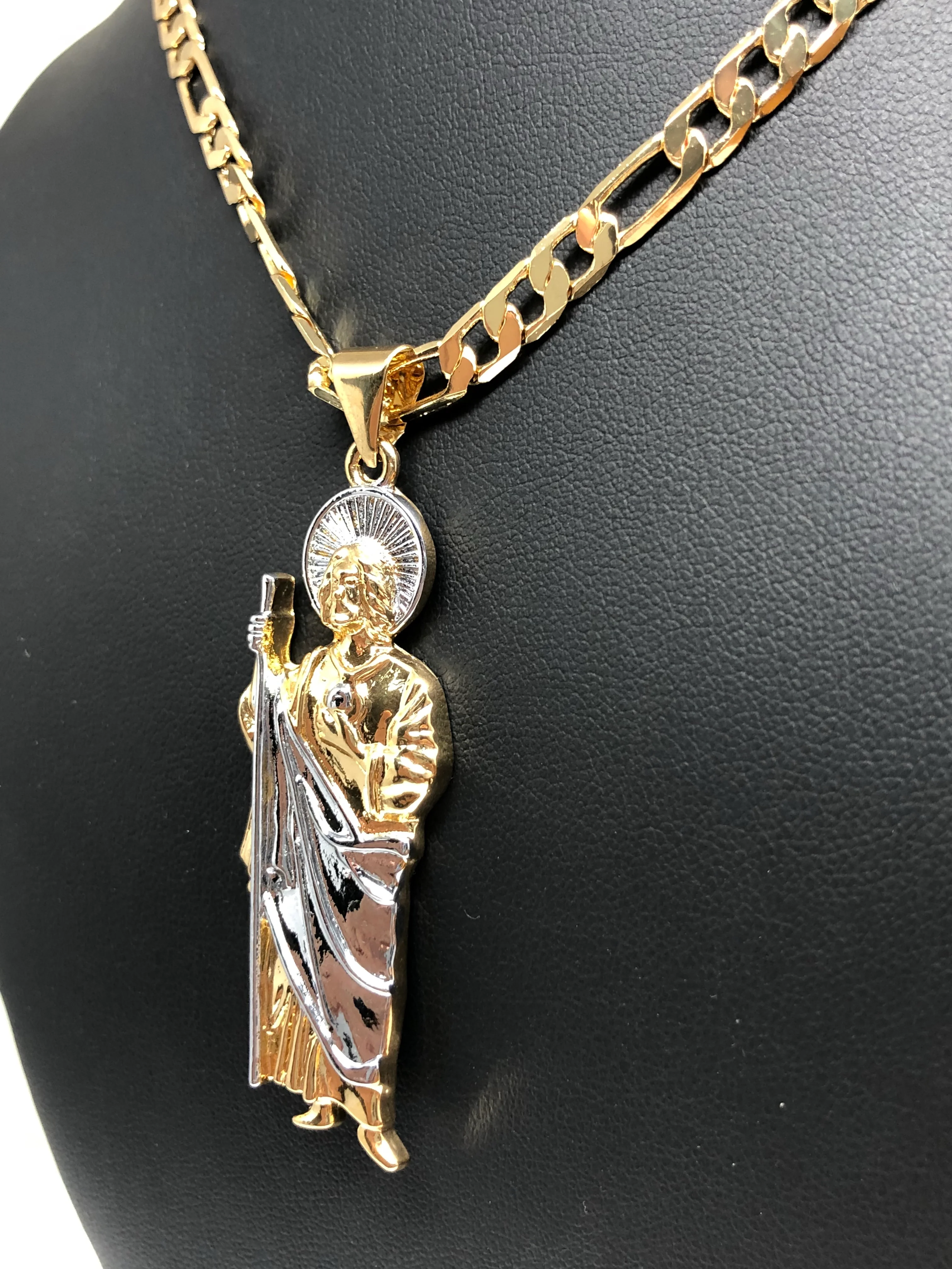 Gold Plated Saint Jude Pendant Necklace Figaro 26" San Judas Tadeo Medalla Cadena Oro Laminado - Image 4