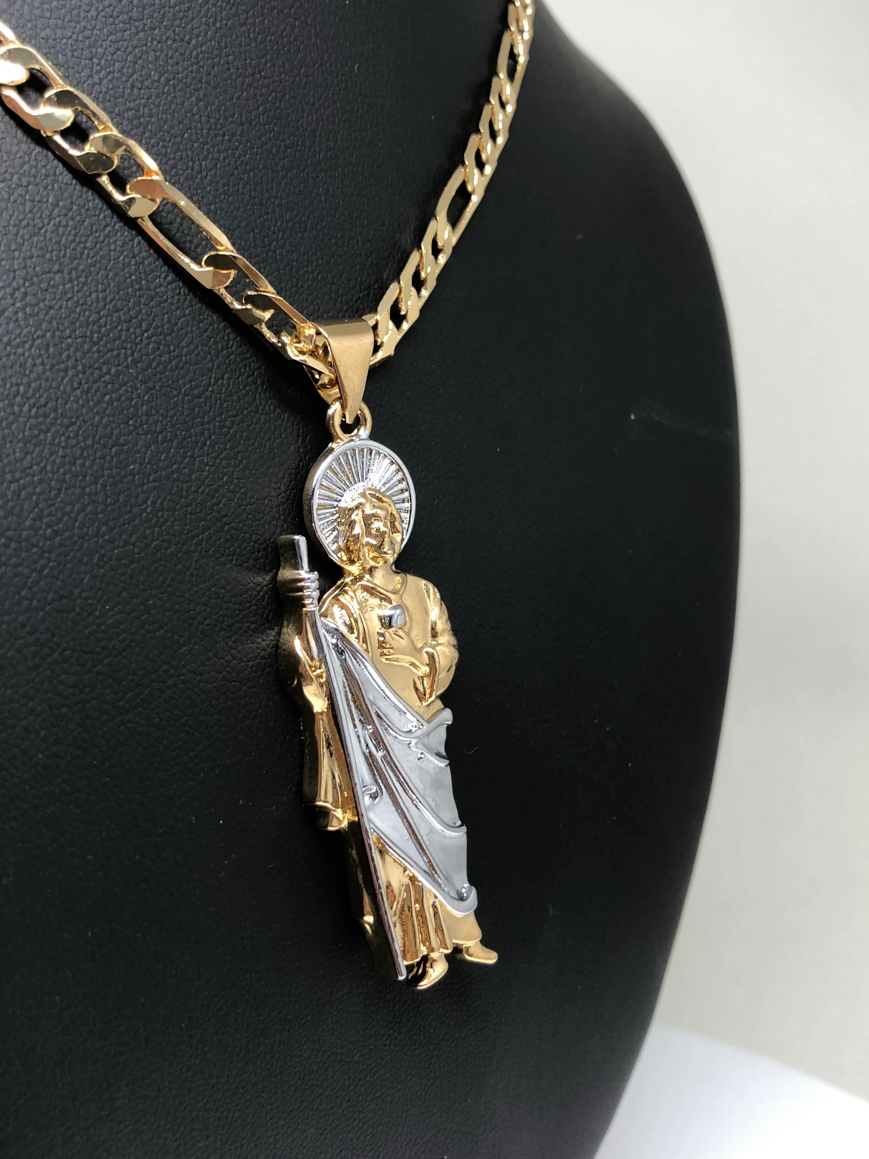 Gold Plated Saint Jude Pendant Necklace Figaro 26" San Judas Tadeo Medalla Cadena Oro Laminado - Image 5