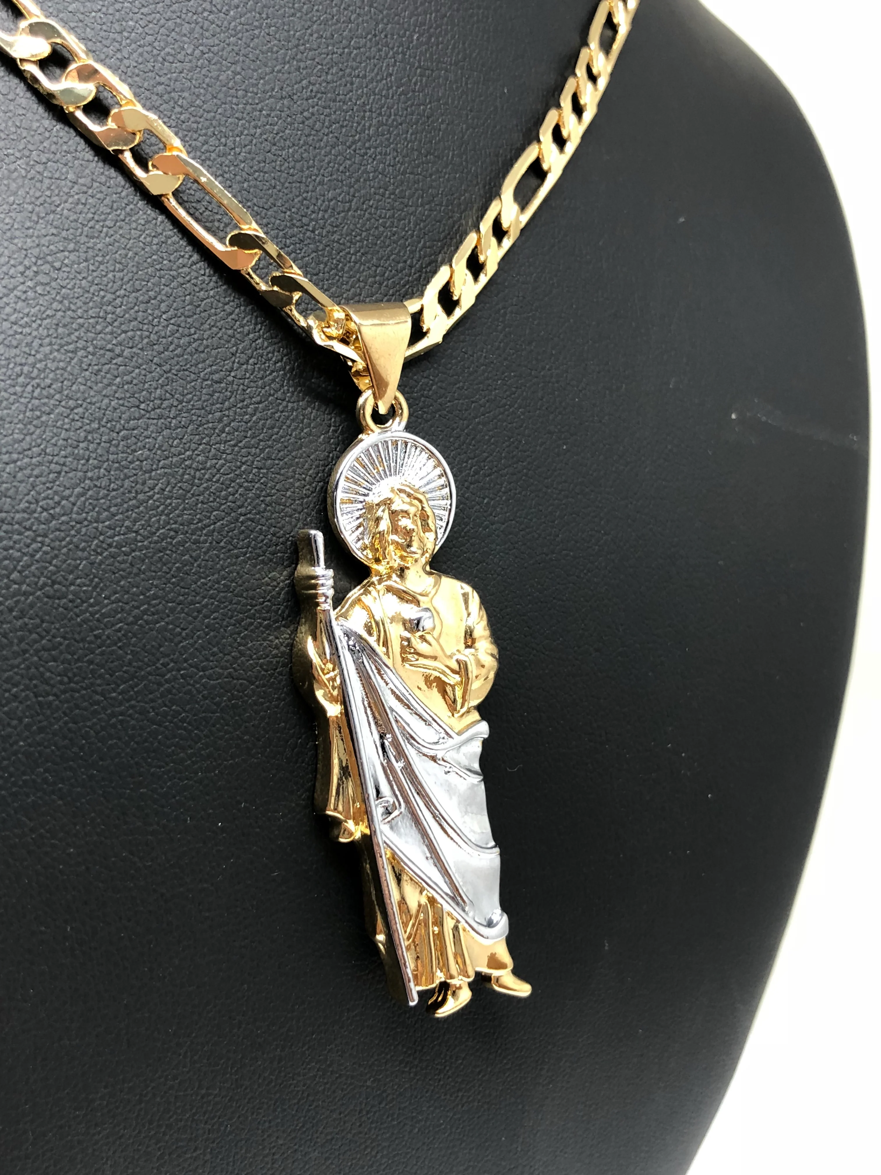 Gold Plated Saint Jude Pendant Necklace Figaro 26" San Judas Tadeo Medalla Cadena Oro Laminado - Image 6
