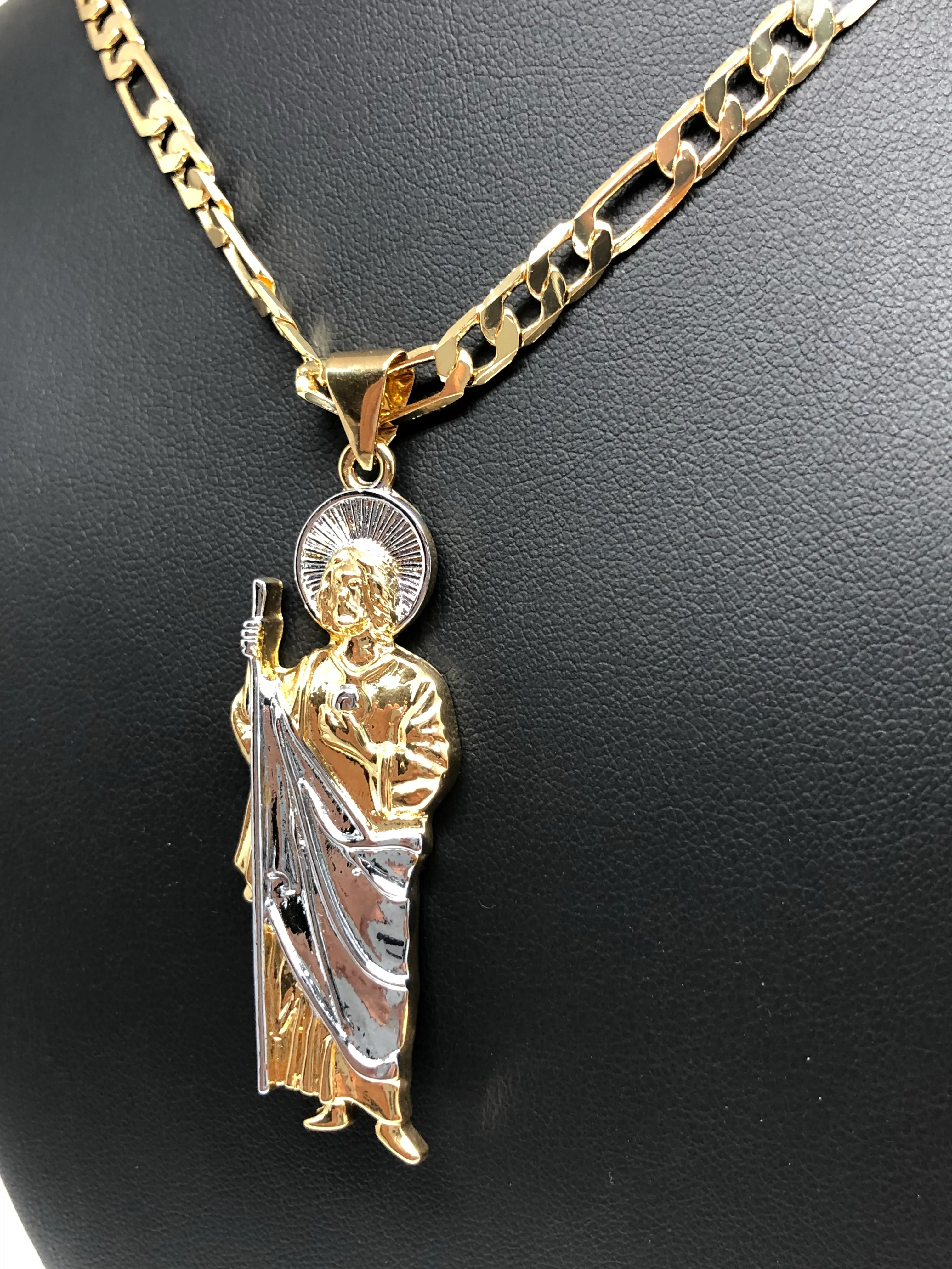 Gold Plated Saint Jude Pendant Necklace Figaro 26" San Judas Tadeo Medalla Cadena Oro Laminado - Image 7