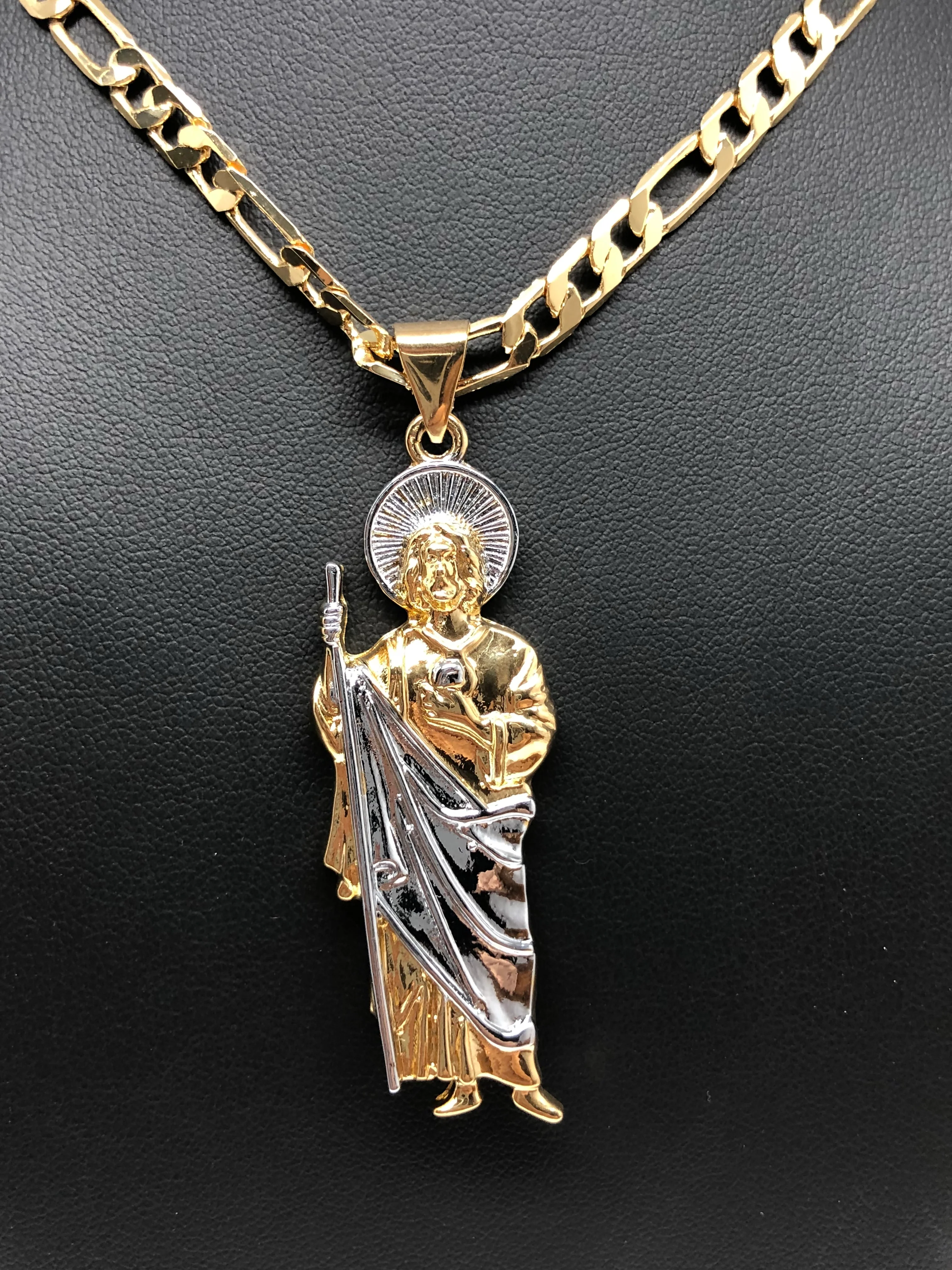 Gold Plated Saint Jude Pendant Necklace Figaro 26" San Judas Tadeo Medalla Cadena Oro Laminado - Image 8