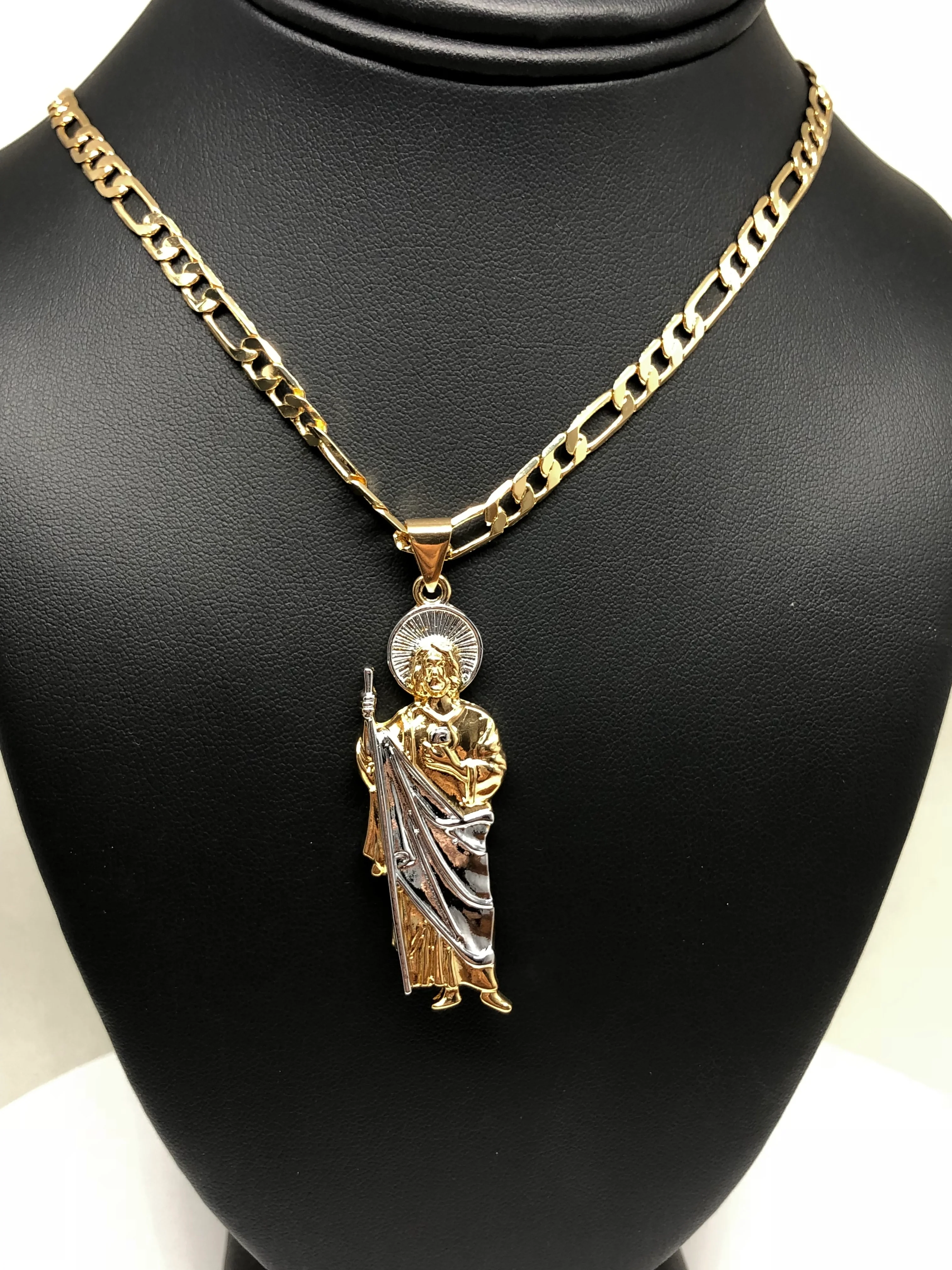 Gold Plated Saint Jude Pendant Necklace Figaro 26" San Judas Tadeo Medalla Cadena Oro Laminado - Image 9
